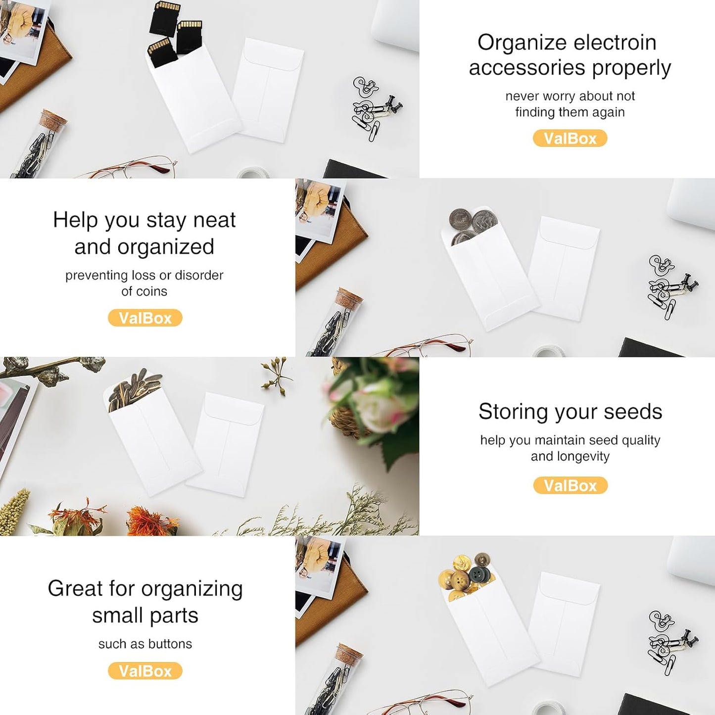 ValBox #1 Coin Envelopes 500Pcs/Box 2.25 x 3.5 Small Parts Envelope with Gummed Flap for Home, Garden or Office Use, White Kraft Seed Envelopes