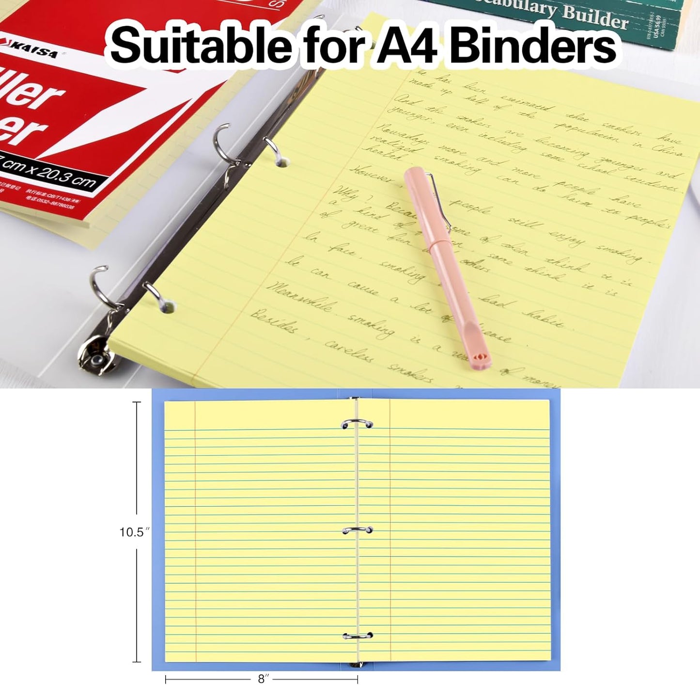 KAISA Loose Leaf Notebook Paper, Wide Ruled, 300 Sheets Per Lined Paper, 8" x 10.5", 3 Hole Punched for 3 Ring Binder, Canary, Made In USA