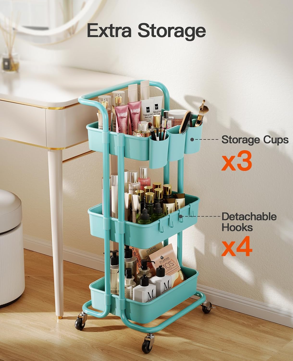 Pipishell 3 Tier Rolling Cart with Wheels - Rolling Storage Cart with 3 Hanging Cups & 4 Hooks - Art & Craft Carts Organizer for Office, Kitchen, Craft Room, Bedroom, Laundry Room (Turquoise)