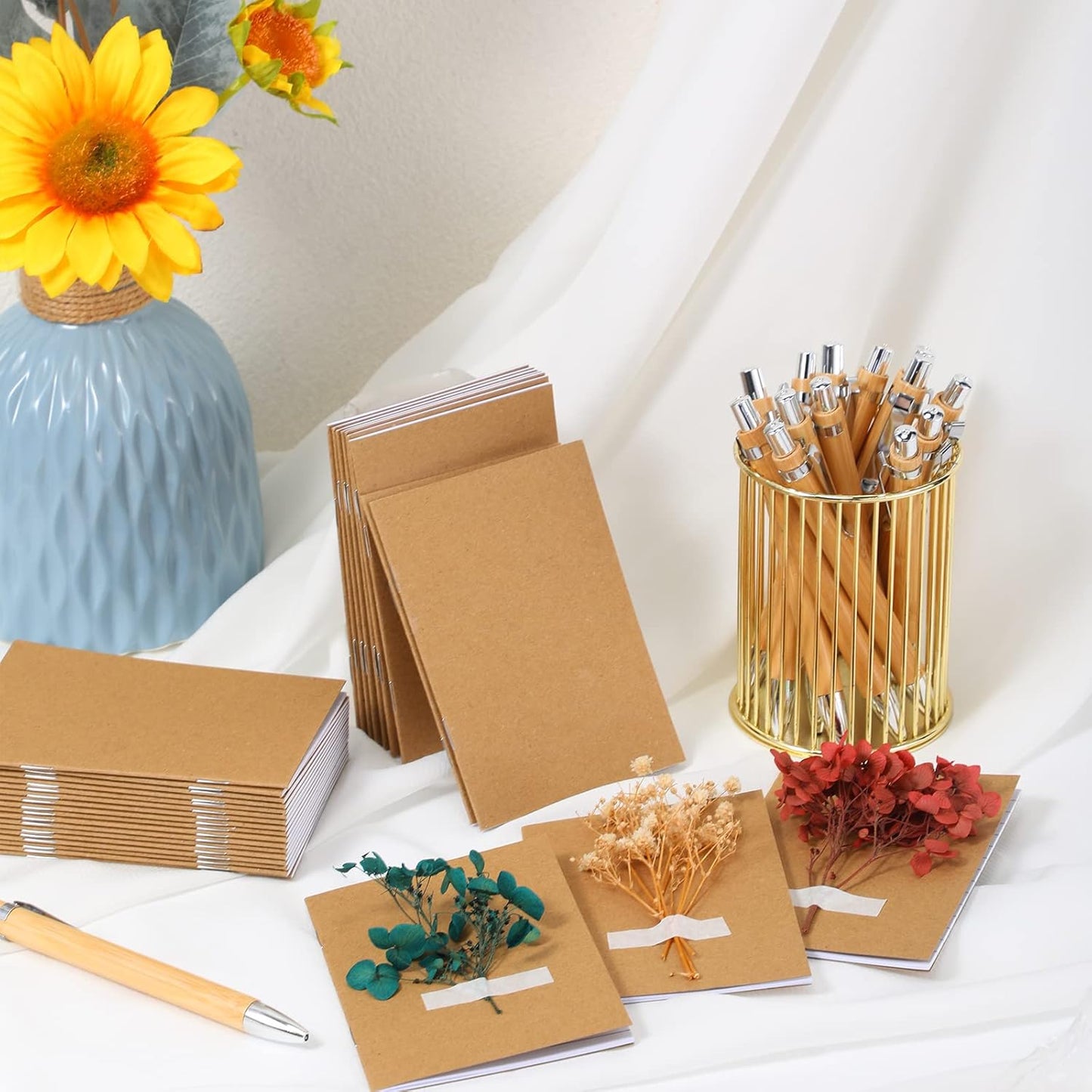 Kisston 50 Sets Mini Pocket Notebook with Pens Bulk Christmas Notebook Gifts Small Memo Notepad with Bamboo Pens for Employee Coworker Team Gifts(Classic Color)