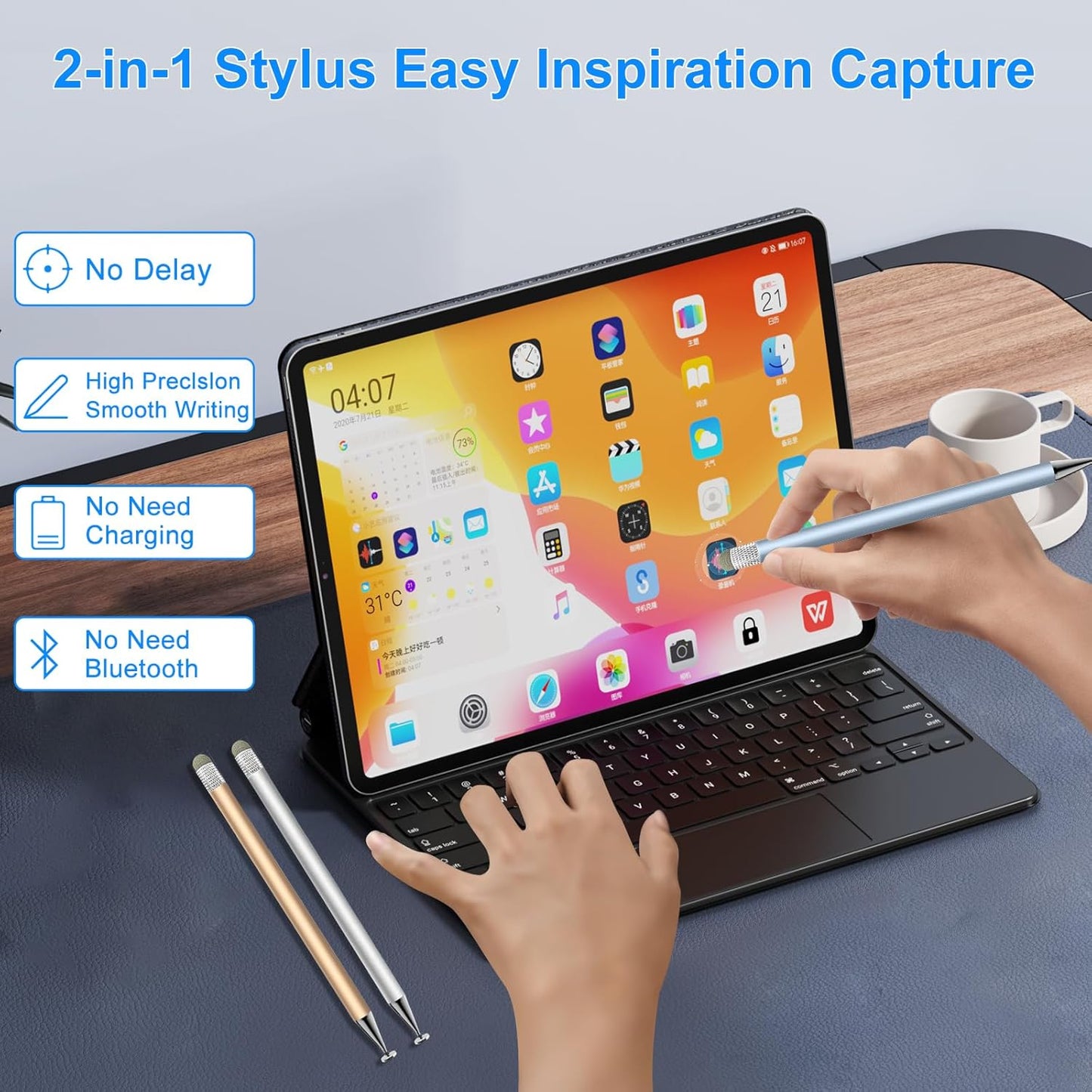 Stylus Pen for Touchscreen,3pcs 2in1 High Precision Sensitivity Stylus, Suitable for iPhone/ipad/Android Stylus for ipad,Compatible with Touch(Silver/Blue/Gold + 4Tips)