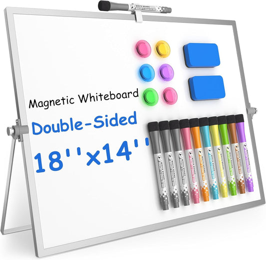 Grtard Magnetic Dry Erase Board with Stand, 18''x14'' Double-Sided White Board for Kids, Desktop Whiteboard with Stand, Large White Board, Desk Whiteboard Portable, Dry Erase Board for Kids, Memo