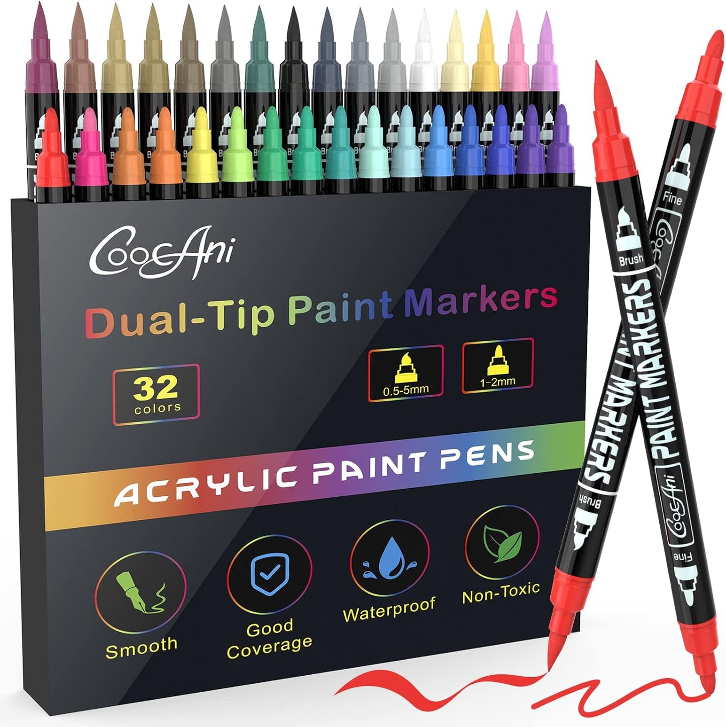 32 Colors Paint Markers, Dual Tip Acrylic Paint Markers for Wood, Canvas, Glass, Ceramic, Fabric,Rock Painting, DIY Crafts Making Art Supplies (Fine Tip and Brush Tip)