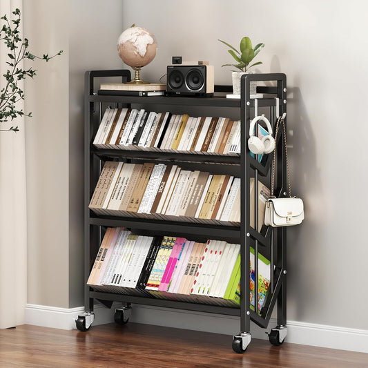 Bookshelf Movable Book Cart Multi-Layer Storage Rack Large-Capacity Rolling Cart L-Shaped Carbon Steel Shelf Suitable for Storing Books, Magazines, Newspapers, Shoes