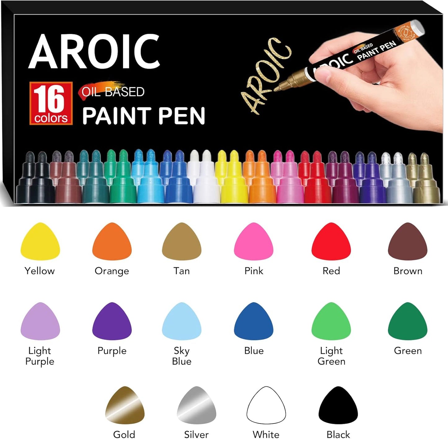 AROIC Paint Pens Paint Markers, 16 colors Oil-Based Waterproof Painting Marker Pen Set On Rock, Wood, Fabric, Metal, Plastic, Glass, Canvas, Mugs, Waterproof, DIY Craft and More