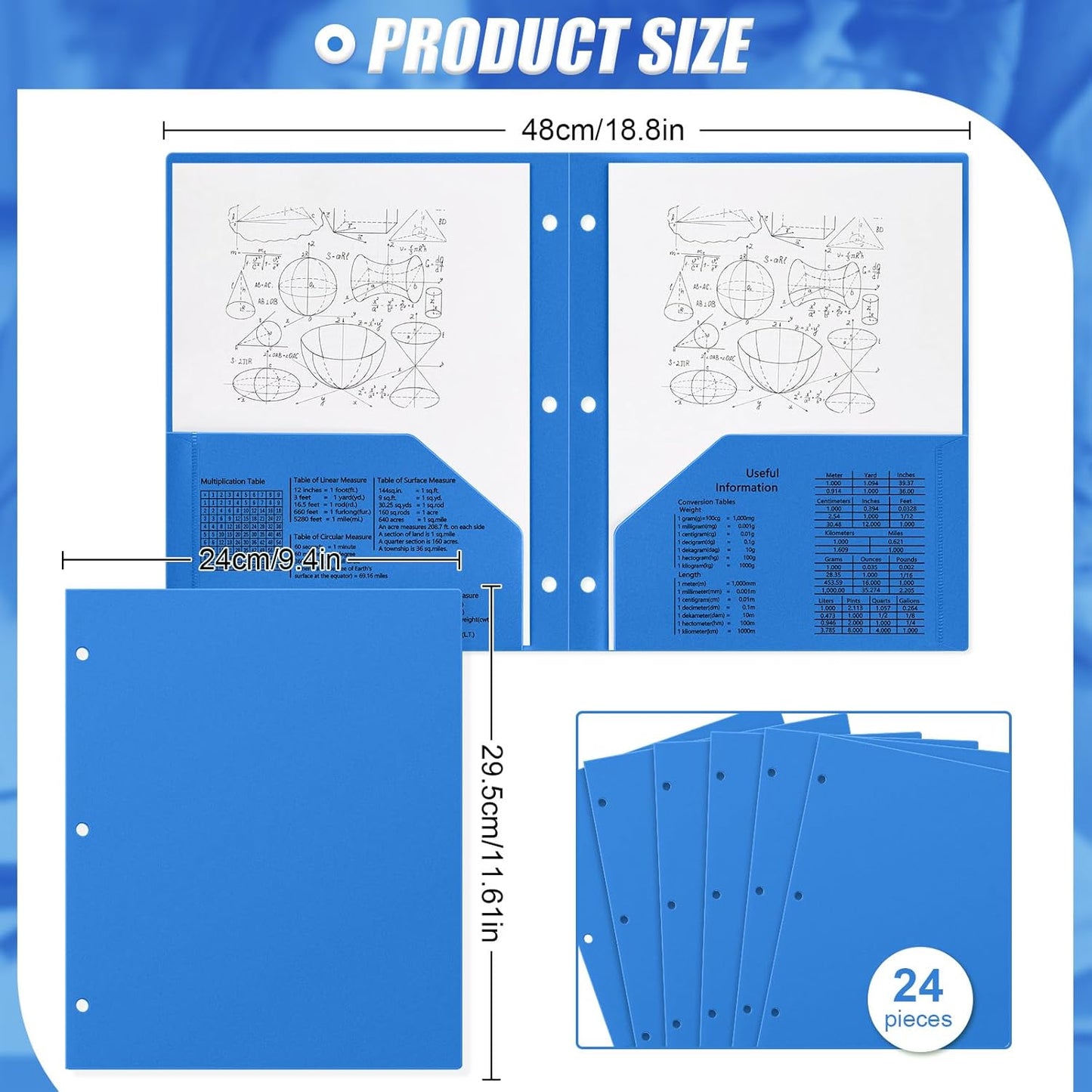 Yeaqee 24 Pcs Plastic Folders with Pockets Bulk 3 Hole Punched 2 Pocket File Folders for 3 Ring Binder Divider Folder for Notebooks, Durable Poly for Office Home (Blue)