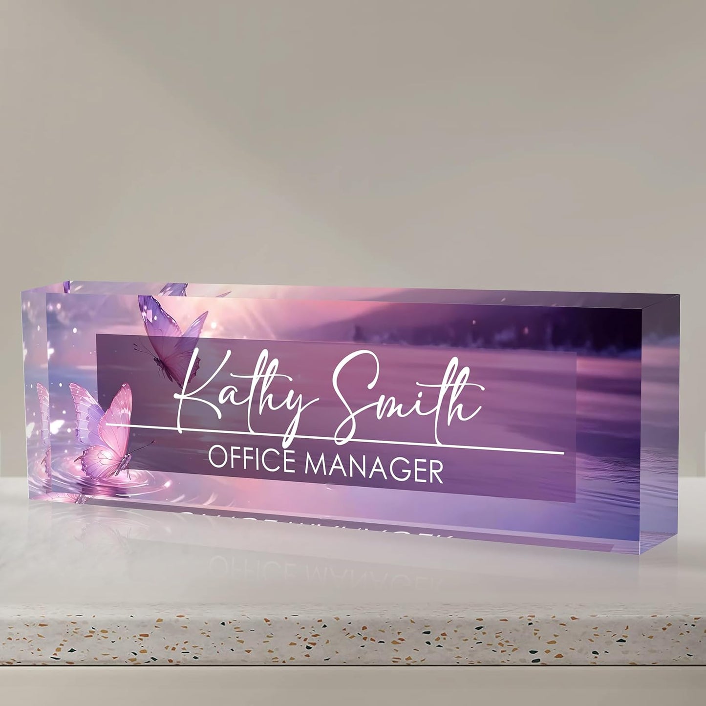 Personalized Name Plate for Desk, Custom Desk Name Plate, Acrylic Name Plate Office Desk Accessories, Personalized Office Gifts for Coworkers Teachers, Employee Appreciation Gifts (Pink Butterfly)