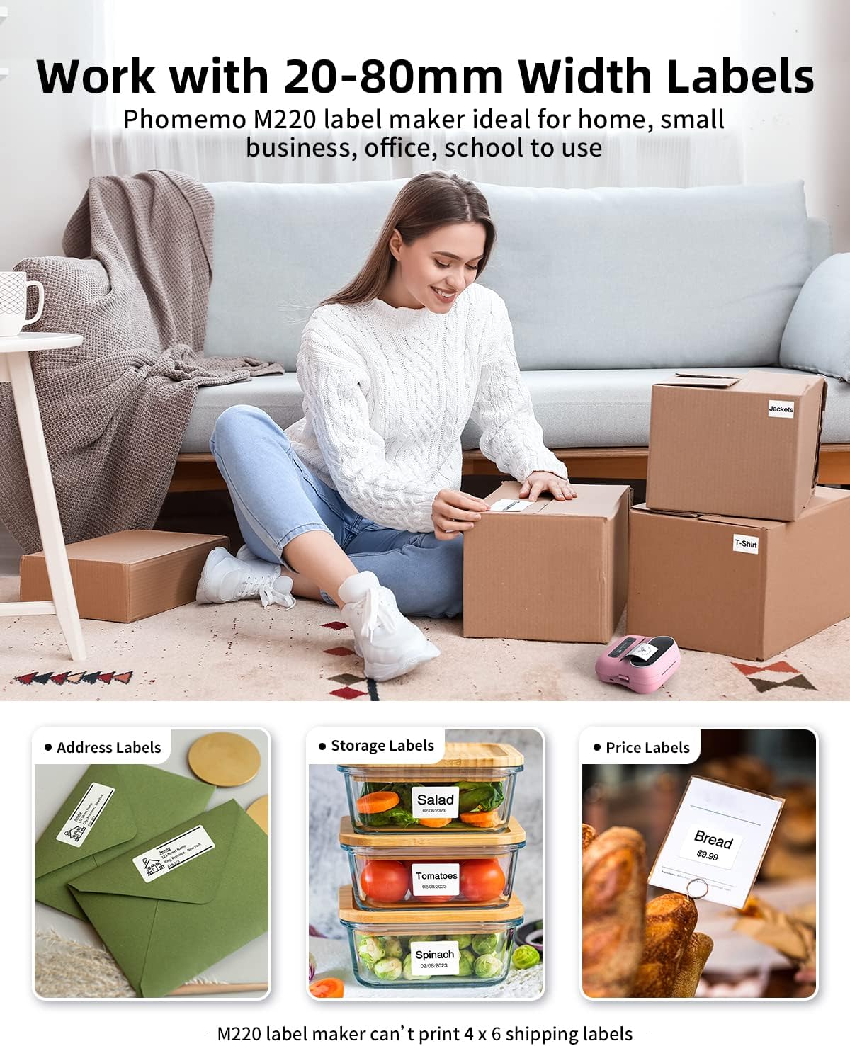 Phomemo M220 Bluetooth Label Maker Machine,Label Printer for Small Business, Office, Home & School, Portable Label Maker with 700+ Templates,400+ Fonts,6000+ Icons, Compatible with Phone, PC