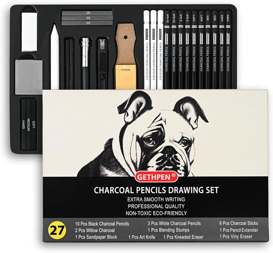 27 Piece Charcoal Drawing Set - Professional Black & White Charcoal Pencils for Sketching, Shading & Blending, Graphite Sticks with Artist Art Supplies Kit (Beginners & Professionals)