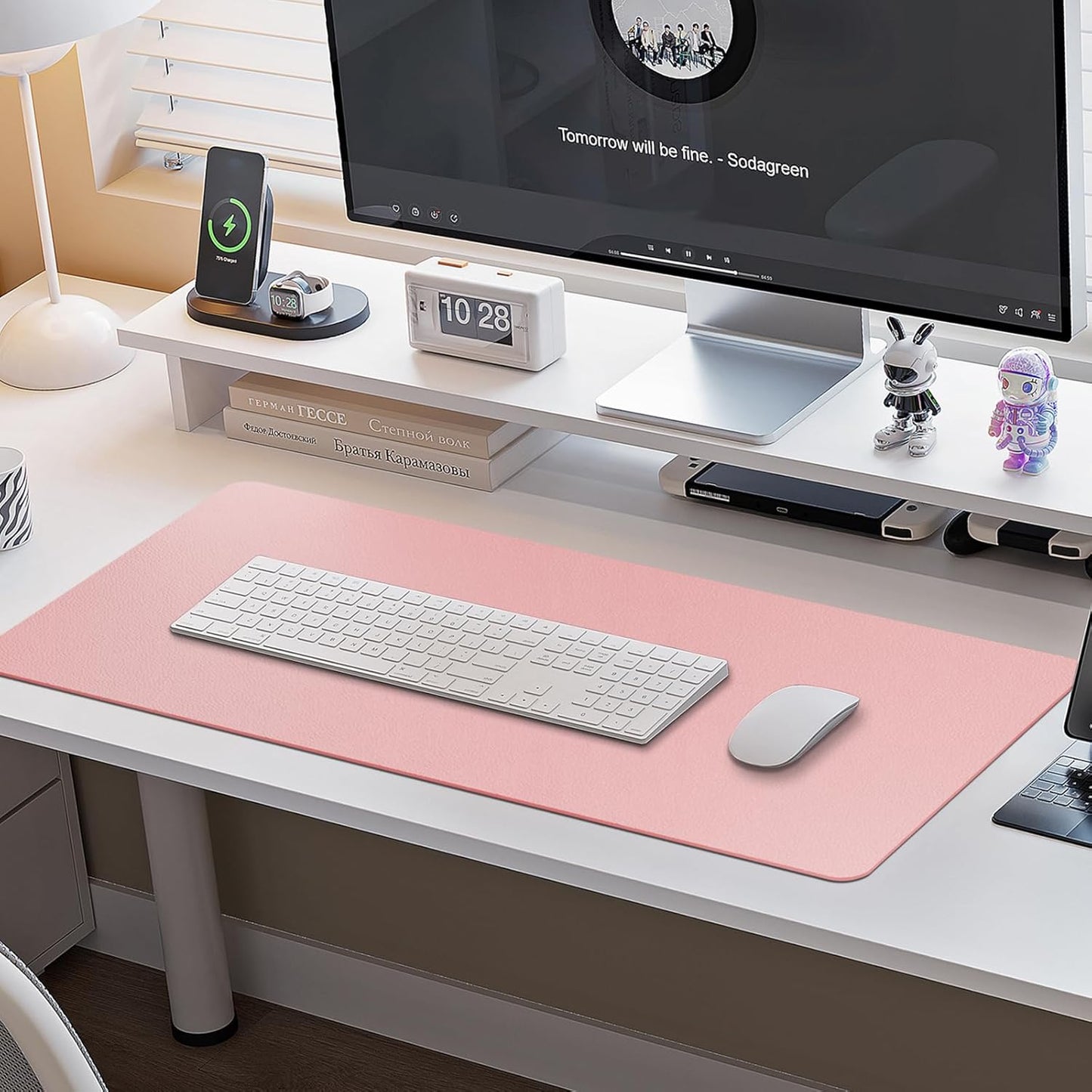 Boutilon Leather Desk Pad Protector,Non-Slip Mouse Pad,Laptop Desk Pad,Office Mouse Mat,Waterproof Leather Desk Blotter,Desk Writing Pad for Office and Home (M-Pink,30"x14")