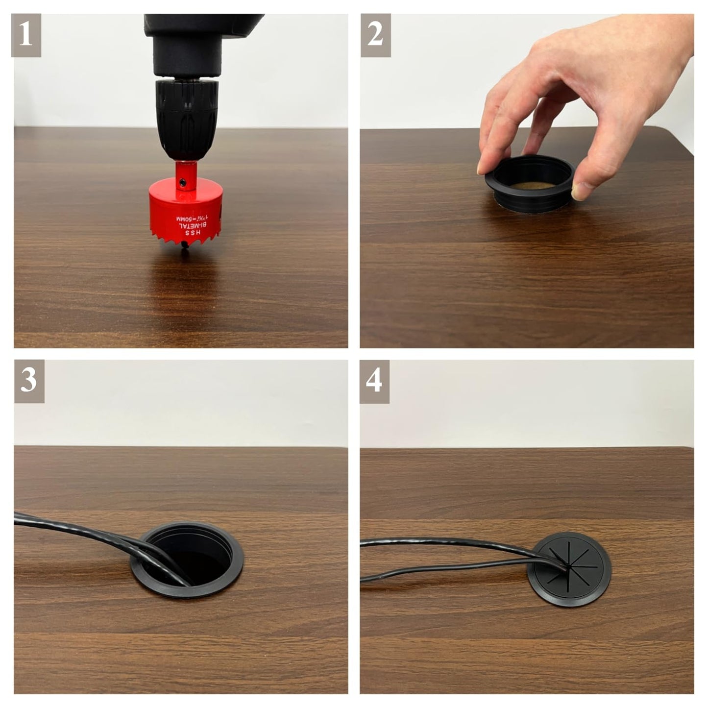 8 Pack Desk Grommet 2 Inch (50 mm), Desk Hole Cover for Cables, Black Desk Cord Hole Cover for Office Home Table, Cable Grommet with 1 Hole Saw Drill Attachment & 10 Cable Ties