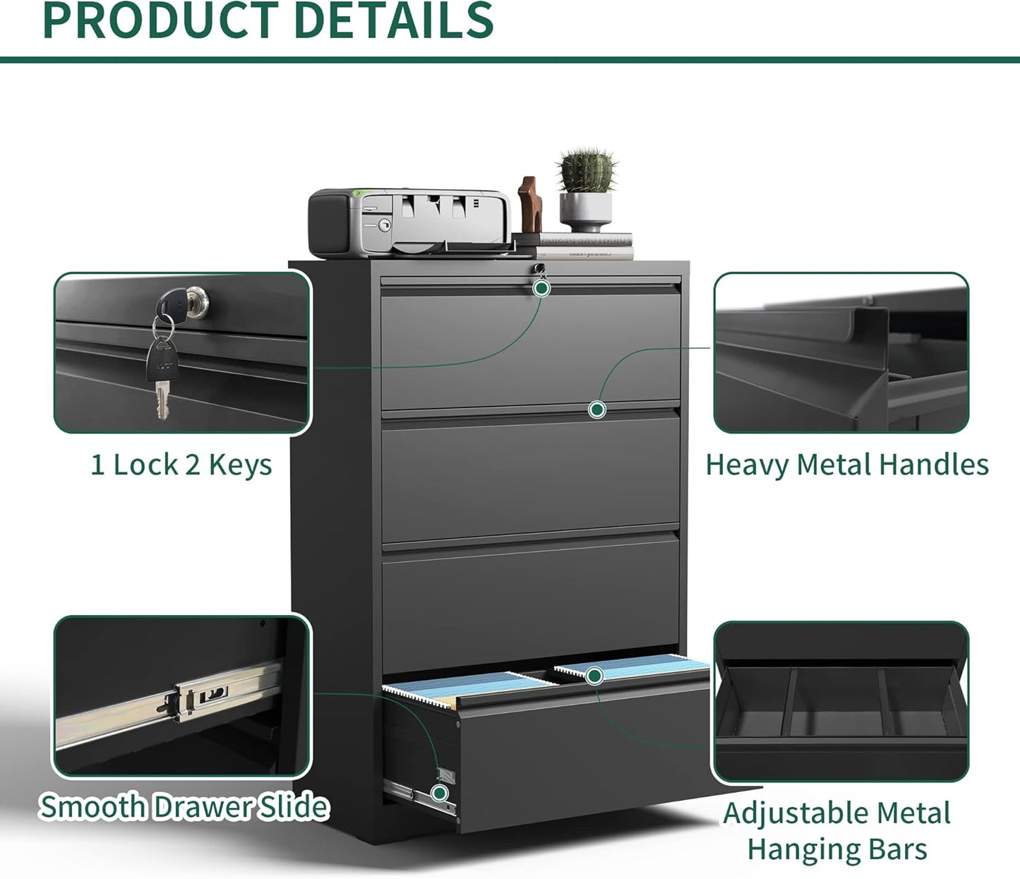 Lateral File Cabinet 4 Drawer, Metal File Cabinets for Home Office Legal/Letter A4 Size, Filing Cabinet with 4 Lock, Require Assembly, Black