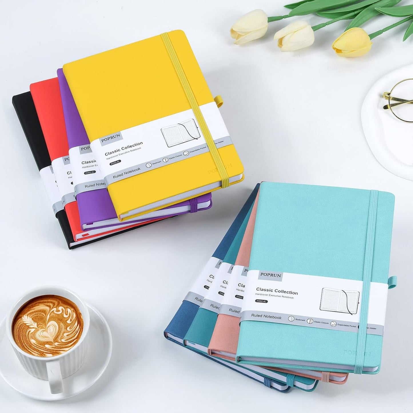 POPRUN A5 Lined Journal Notebooks, 8 Pack PU Leather Hardcover Notebook for Writing, Business Work,Travel,School,College, 5.5 x 8.3 inch, 240 Pages Classic College Ruled Journals Notepad, Multicolored