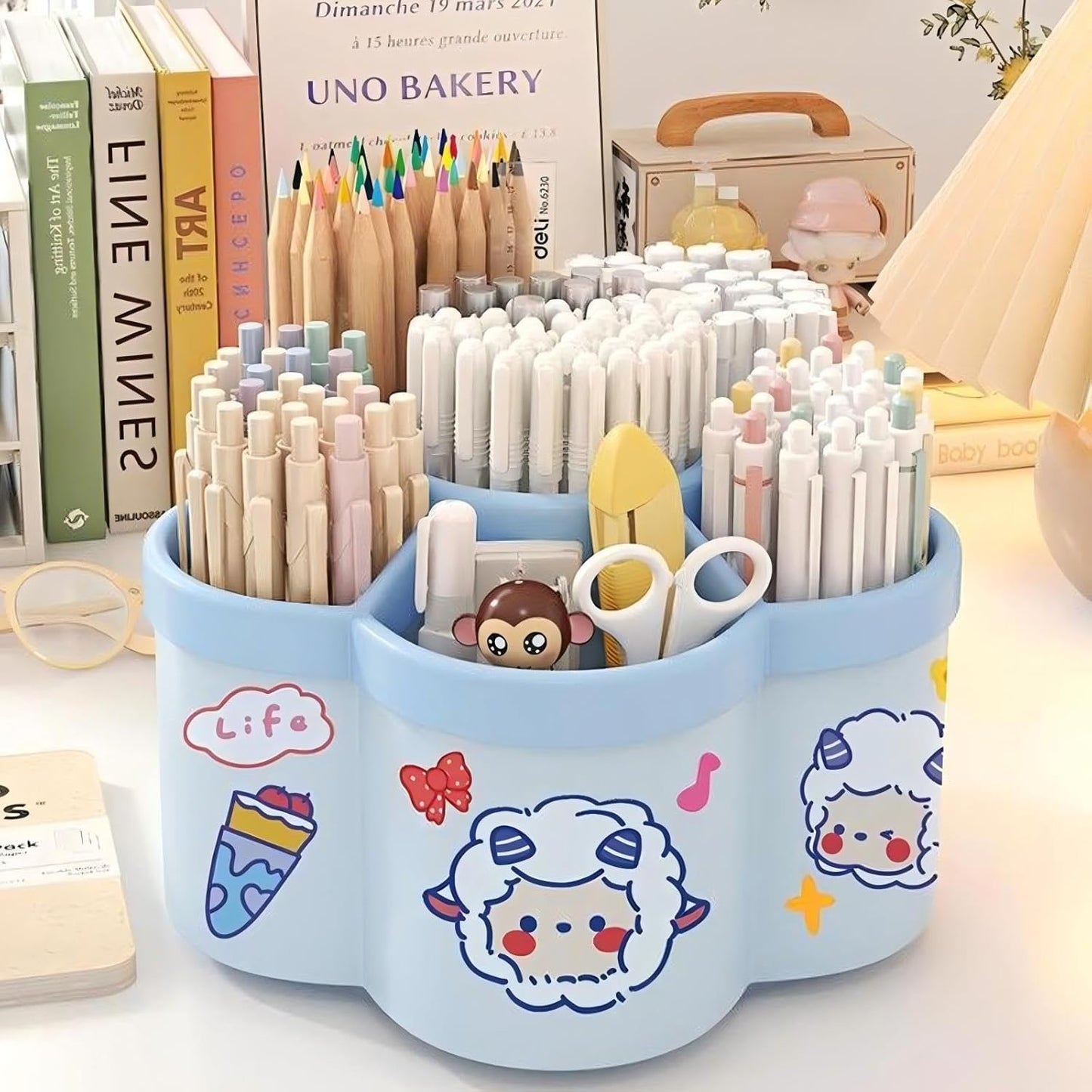 Pen Holder for Desk, 360°Rotating Pencil Pen Holder, Desk Pen Organizer with 6 Slots, Large-capacity Desk Organizer, Pencil Holder for Desk, Office, School, Home Use (Blue)