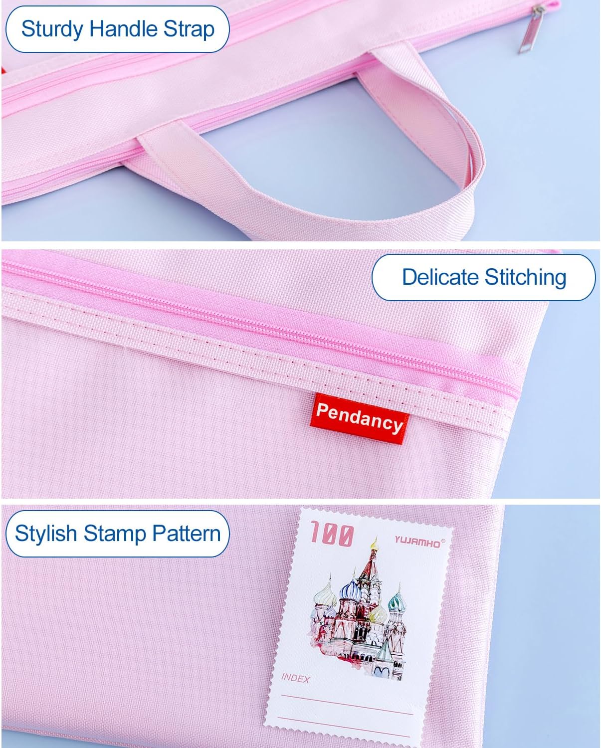 Pendancy Mesh Zipper Pouch 11x13.7 in, Large Double Pocket Waterproof File Bag with Handle, A4 Size Foldable Document Storage for Puzzle Project/Cross Stitch/Travel/Office（Pink）