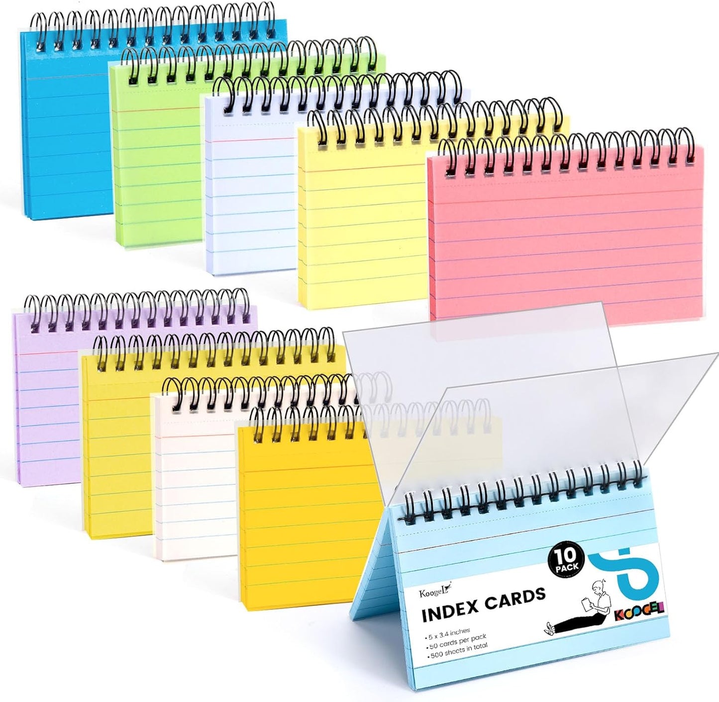 Koogel 500PCS Colored Index Cards 3x5, Spiral Index Cards with Rings for Back to School, Lined Ruled on both Side Heavy Notecard Flashcard for Studying Nursing College Taking to Do List,10 Colors