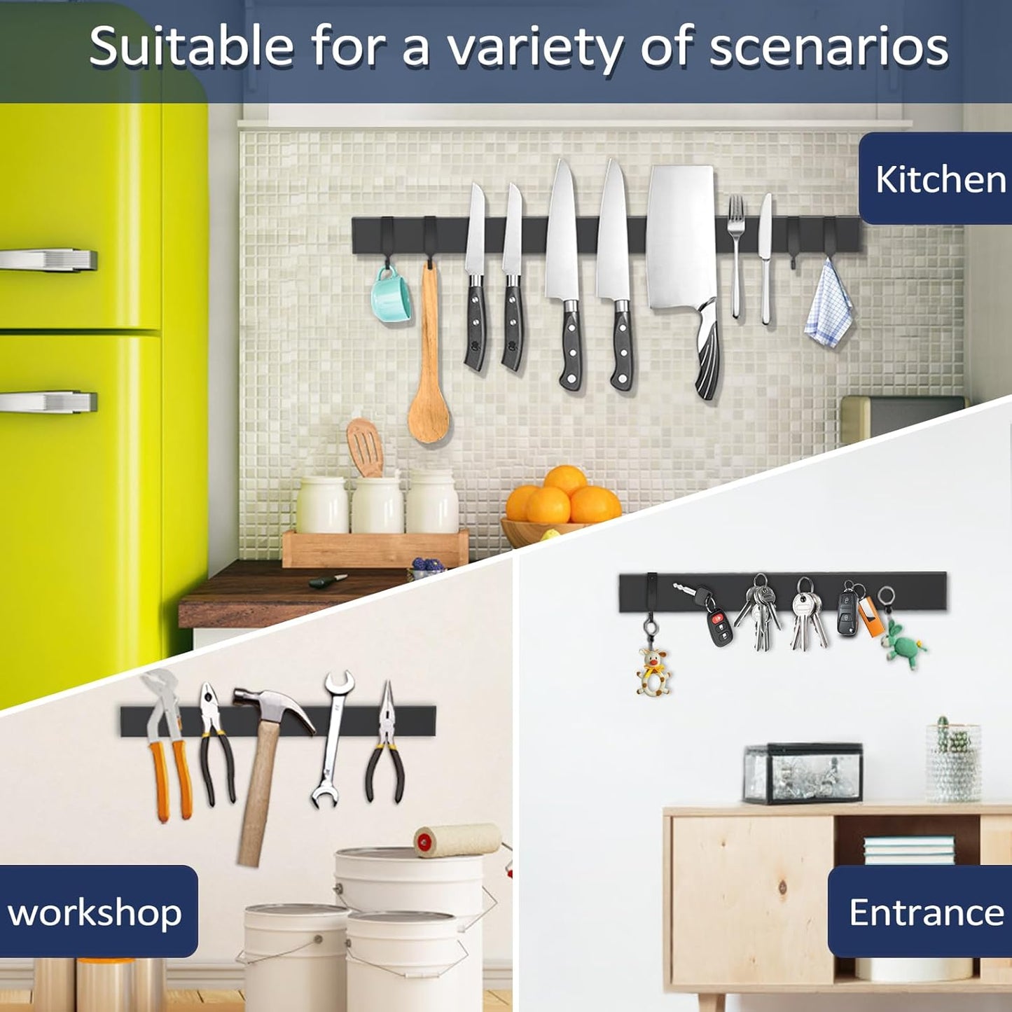 Dmore magnetic knife holder for wall—with 4 hooks, No Drilling 20 Inch black knife magnetic strip, Powerful knife magnet rack, include Adhesive Tape and screws for Knives, Utensils, and Tools