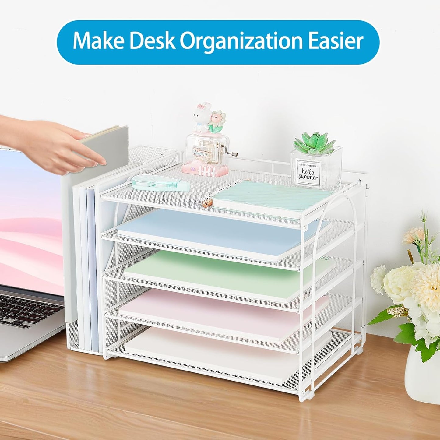 AUPSEN White Desk Organizers and Accessories, 5-Tier Letter Tray Paper Organizer with Adjustable File Holder, Desktop Office Desk Accessories for Office Supplies