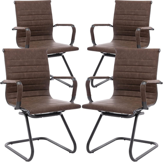 Office Desk Chair No Wheels Set of 4 PU Leather Computer Chairs Mid Back Guest Chairs for School Reception Conference Waiting Room, Vintage Brown