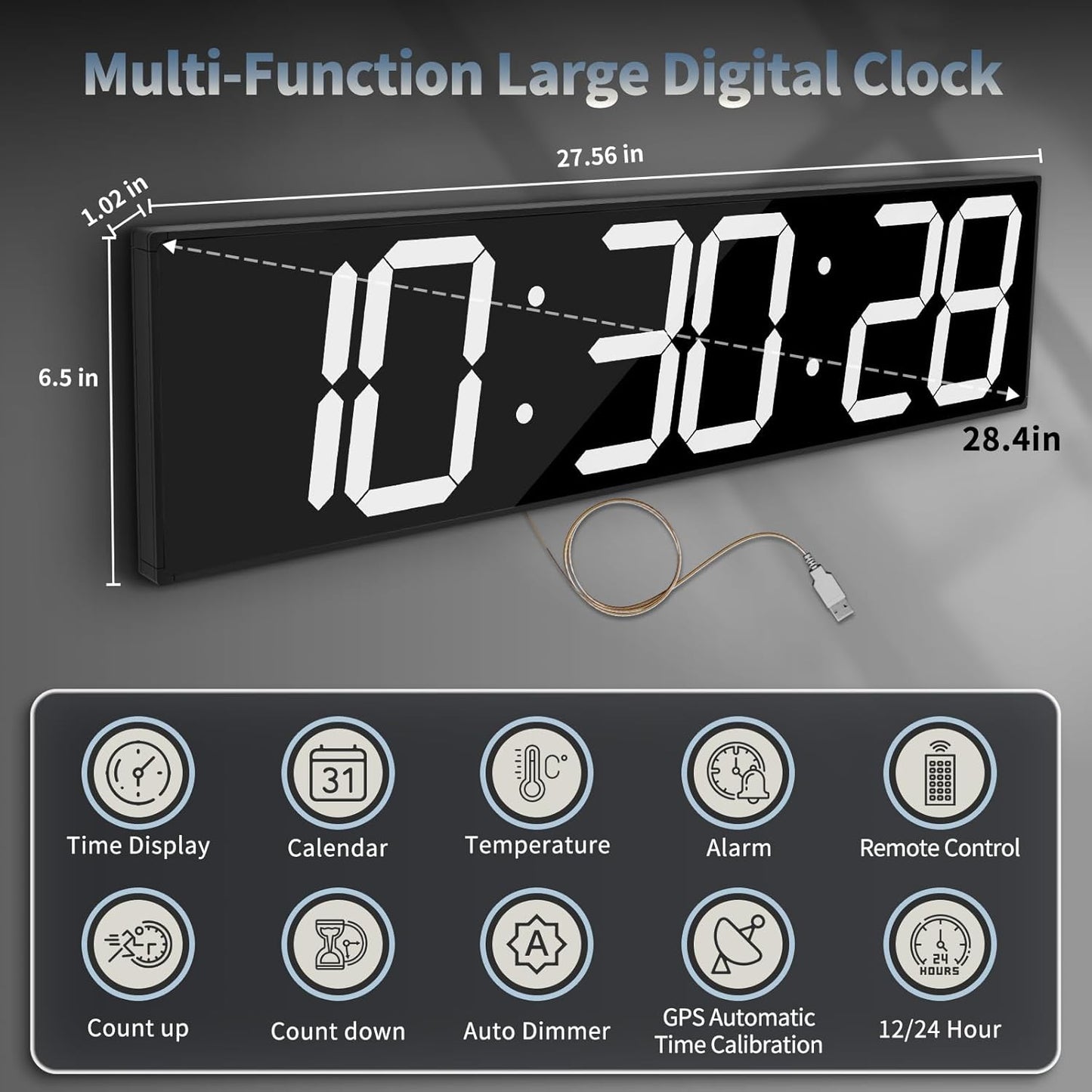 28.4'Large Digital Wall Clock,Automic Digital Clock with Alarm,Clendar and Termperature,Auto Time Sync with Easy Operation, Big Timer with Countdown and Countup (White)