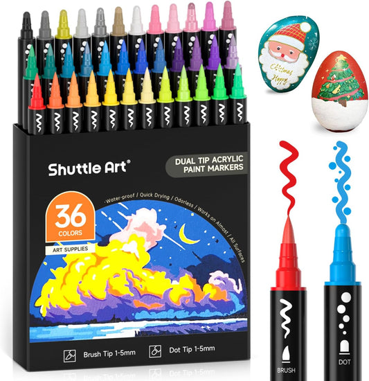 Shuttle Art 36 Colors Dual Tip Acrylic Paint Markers, Brush Tip and Dot Tip Acrylic Paint Pens for Rock Painting, Ceramic, Wood, Canvas, Plastic, Glass, Stone, Calligraphy, Card Making, DIY Crafts