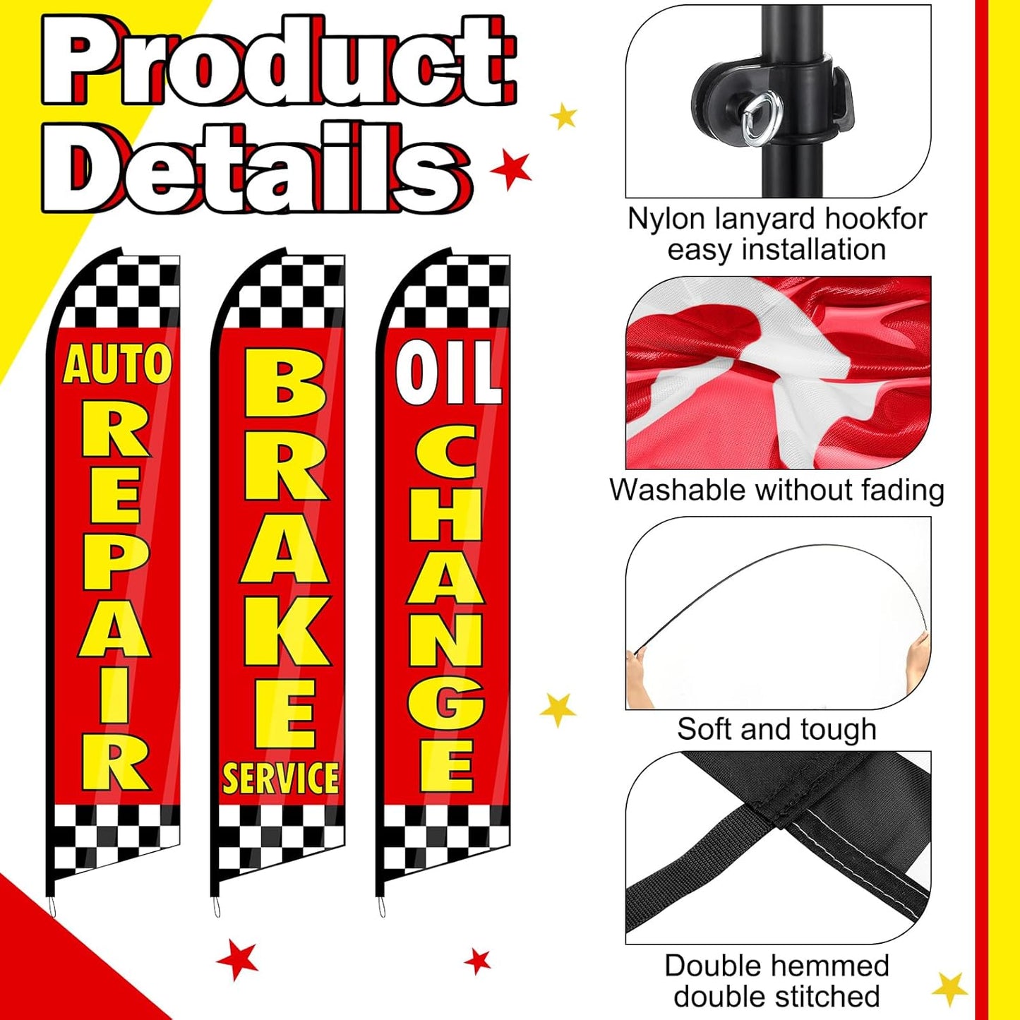 3 Pack Auto Repair Feather Flag -12 ft Advertising Flags for Business with Pole Kit Automotive Service Brake Oil Change Banner Feather Signs Set for Auto Repair Shop Supplies