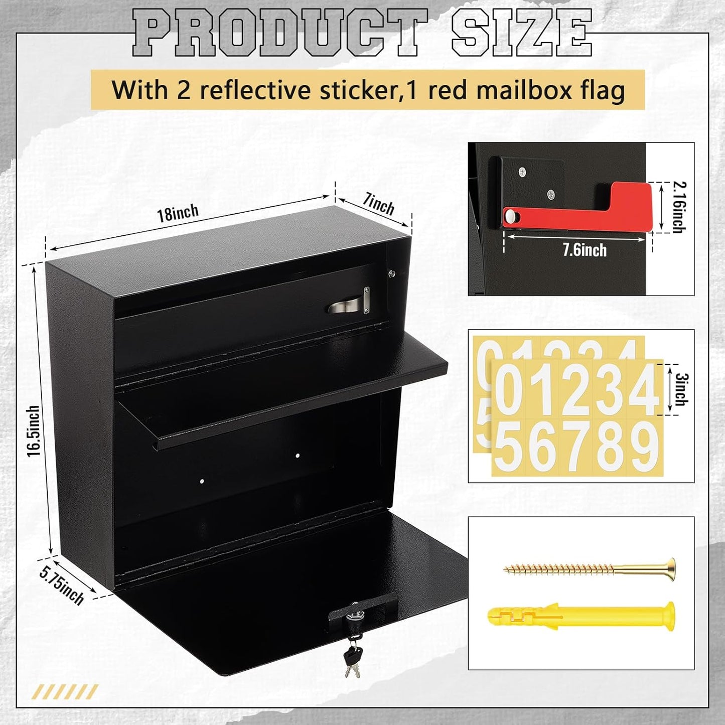 Extra Large Wall Mount Mailboxes for Outside 18 x 16.5 x 7 Inches Locking Security Mail Box Galvanized Steel Wall Mailbox Large Capacity Post Box with Key Lock and Reflective Stickers(Black)