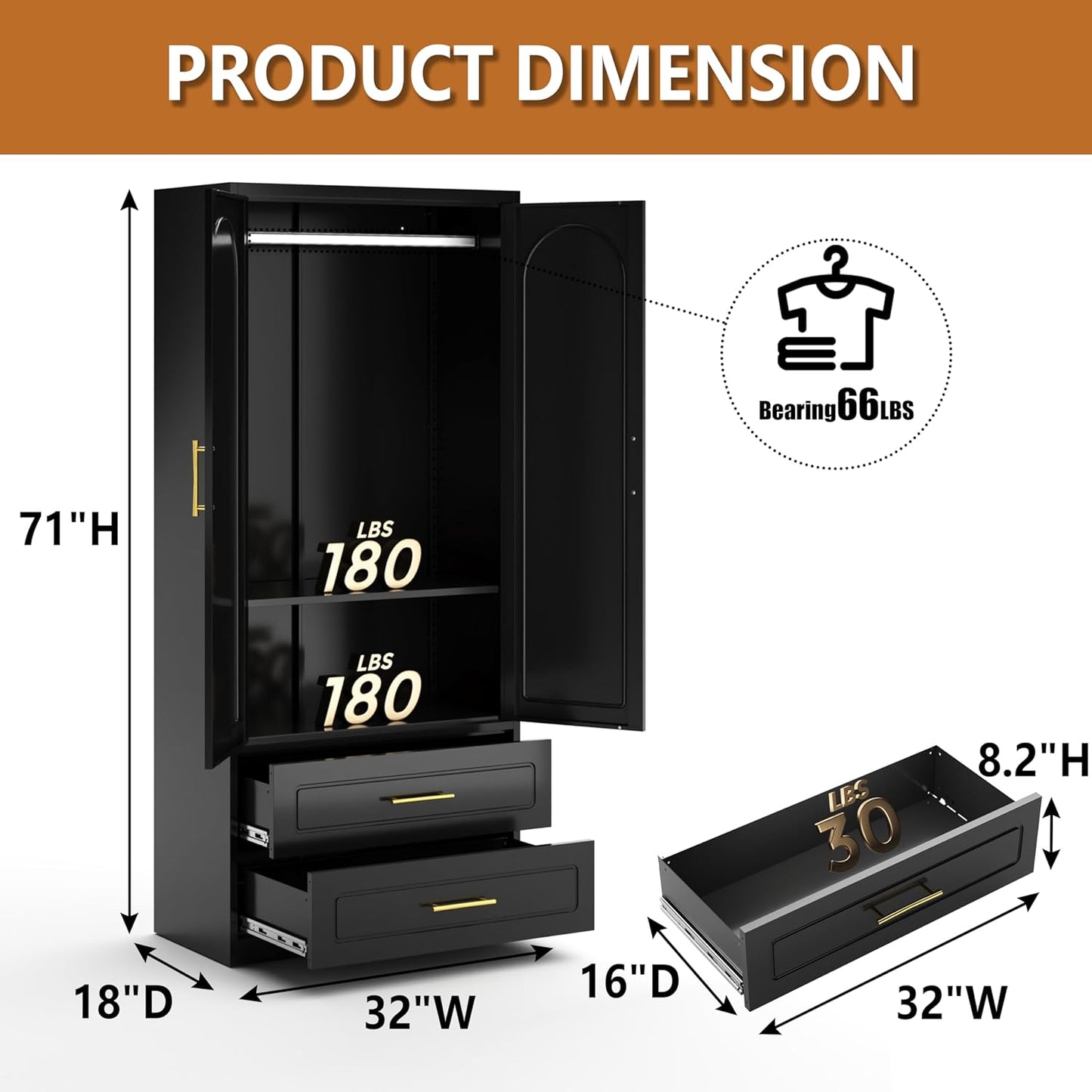 Metal Armoire Wardrobe Closet with Two Drawers, 71" Tall Large Wardrobe Cabinet with Hanging Rod, Clothing Storage Cabinet with Doors and Shelves for Bedroom, Black, Assemble Required