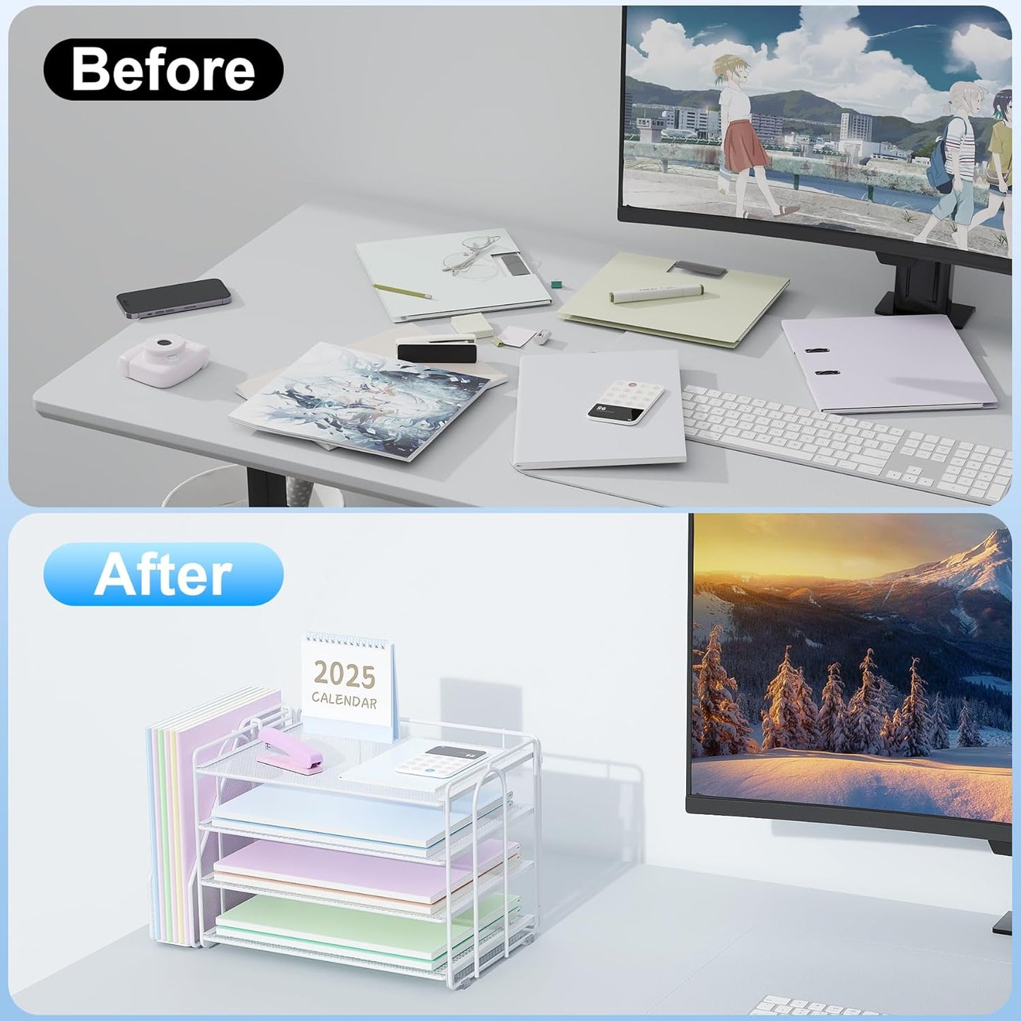 Spacrea Desk Organizers and Accessories, Paper Organizer for Desk with File organizer, Desk Accessories & Workspace Organizers for Office Supplies (White)