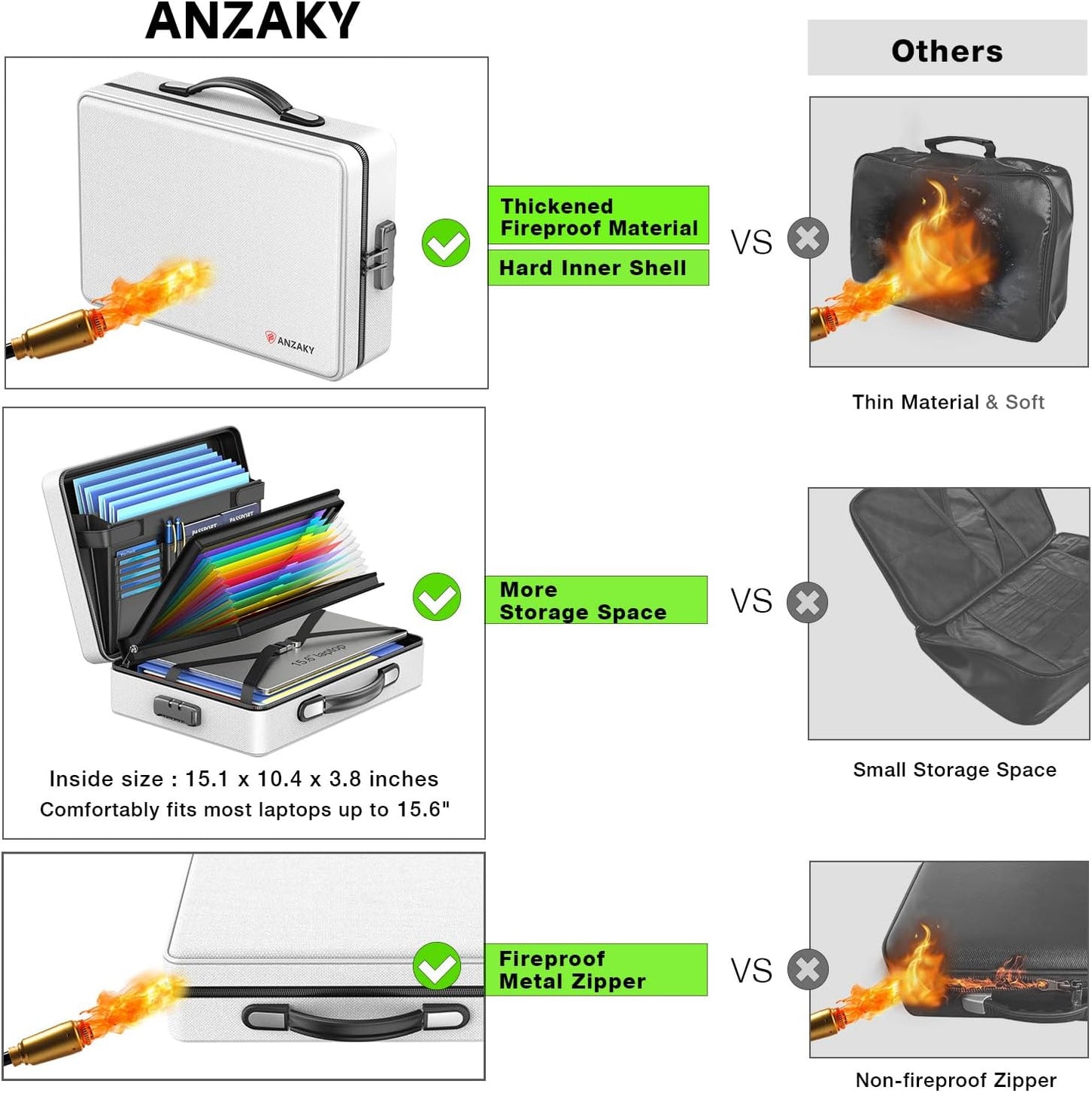 Fireproof Document Box with Fireproof Zipper, Hard Inner Shell Fireproof Document Bag with Lock, Fireproof Water Resistant Important Document Organizer 16 inch Laptop File Briefcase (Silver)