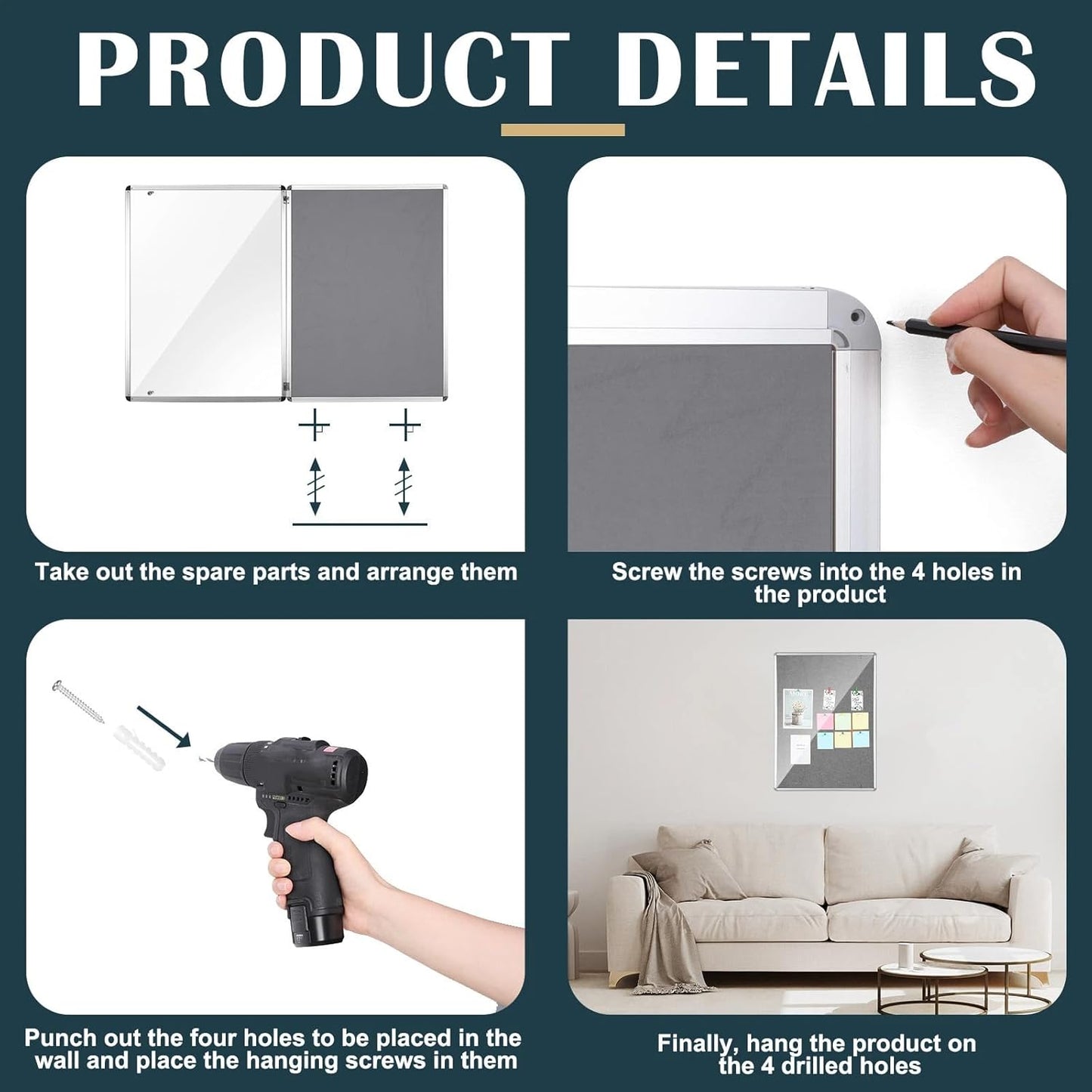 Suzile 1 Pcs Gray Enclosed Bulletin Board Lockable Cork Case Notice Board Aluminum Framed Waterproof Locking Cabinet with Mounting Screws for School Class Office Wall Display Pictures 48x36 Inch