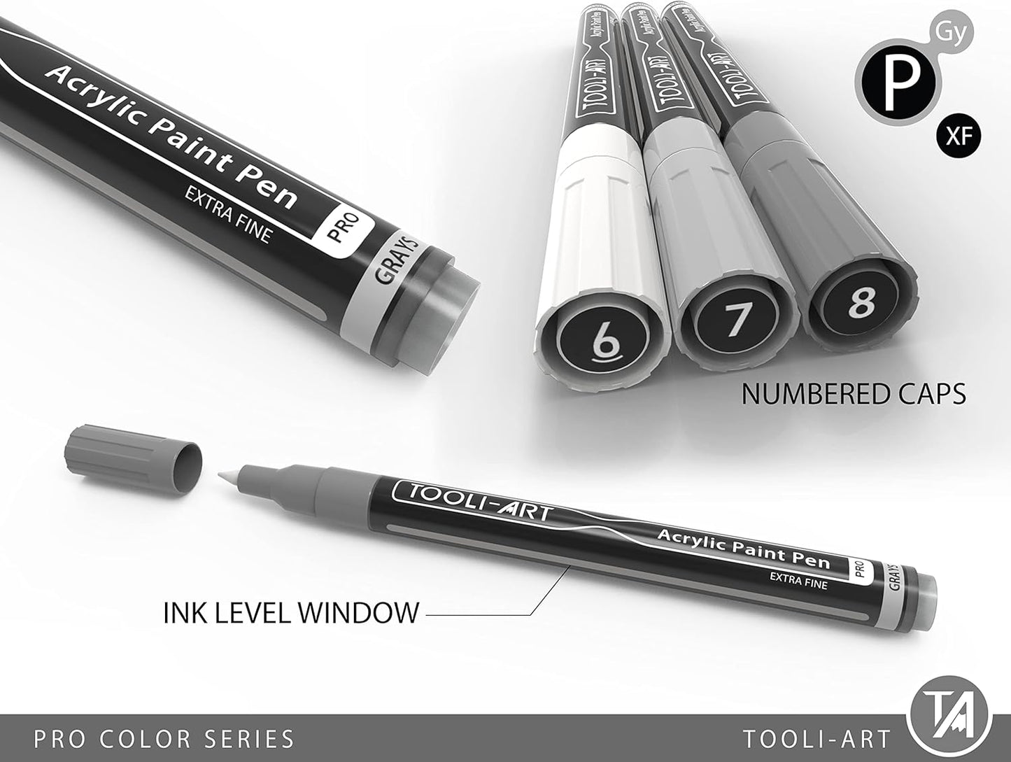 Acrylic Paint Pens 22 Gray Tones Assorted Pro Color Series Markers Set 0.7mm Extra Fine Tip for Rock Painting, Glass, Mugs, Wood, Metal, Canvas, Projects, Non Toxic, Waterbased, Quick Drying