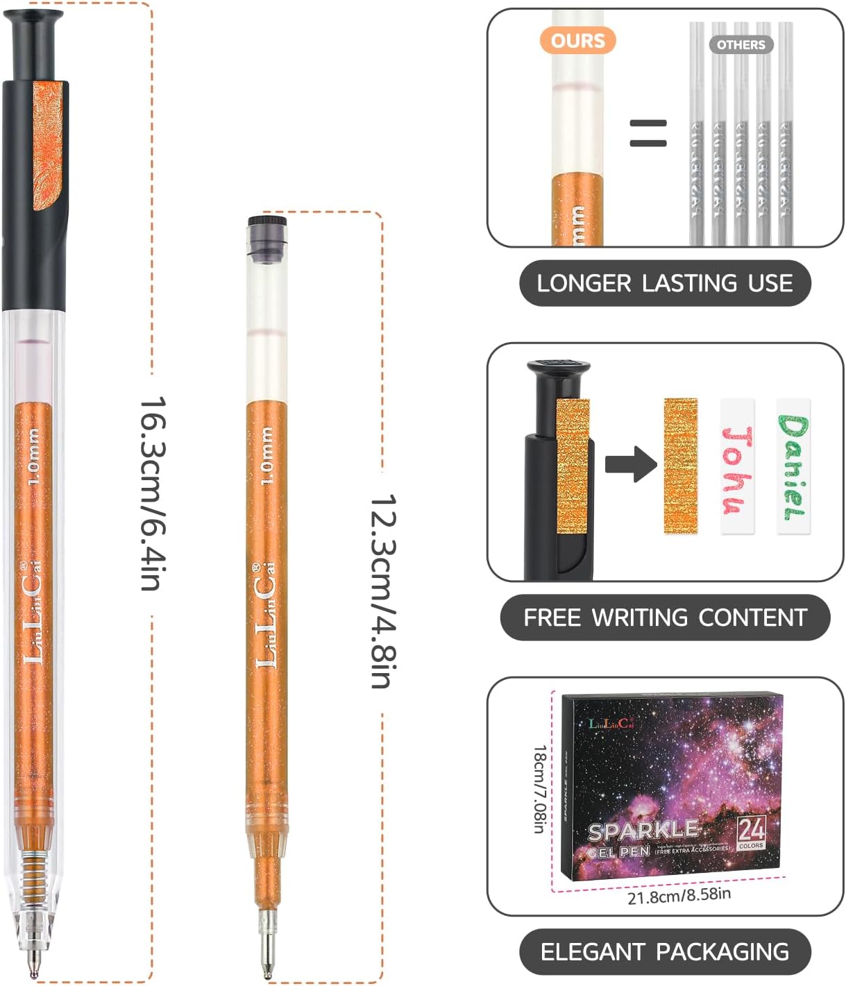 24 Colors Retractable Glitter Gel Pens, Metallic Vibrant Sparkle Gel Pens for Adult Coloring Books,Sparkle Glitter Pens for Drawing Writing Planner Journaling Doodling