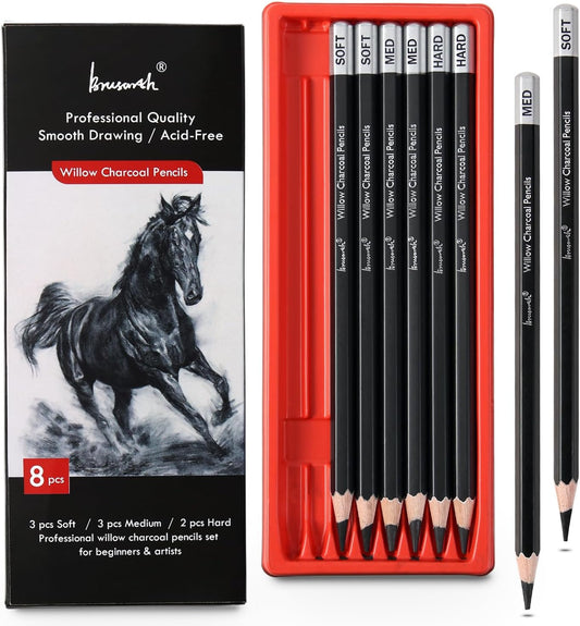 Professional Charcoal Pencils Drawing Set - 8 Pieces Soft Medium and Hard Willow Charcoal Pencils for Drawing, Sketching, Shading