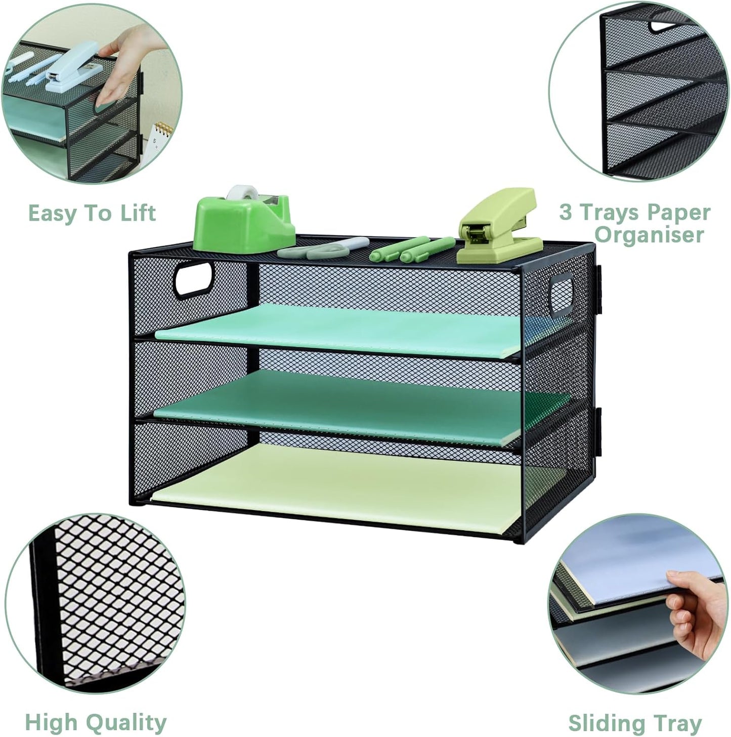 Paper Letter Tray with Handle, 3 Tier Metal Mesh Desk File Organizer, A4 Paper Desktop Filing Trays, Desk Tidy Magazine Document Holder for Home Office, Black