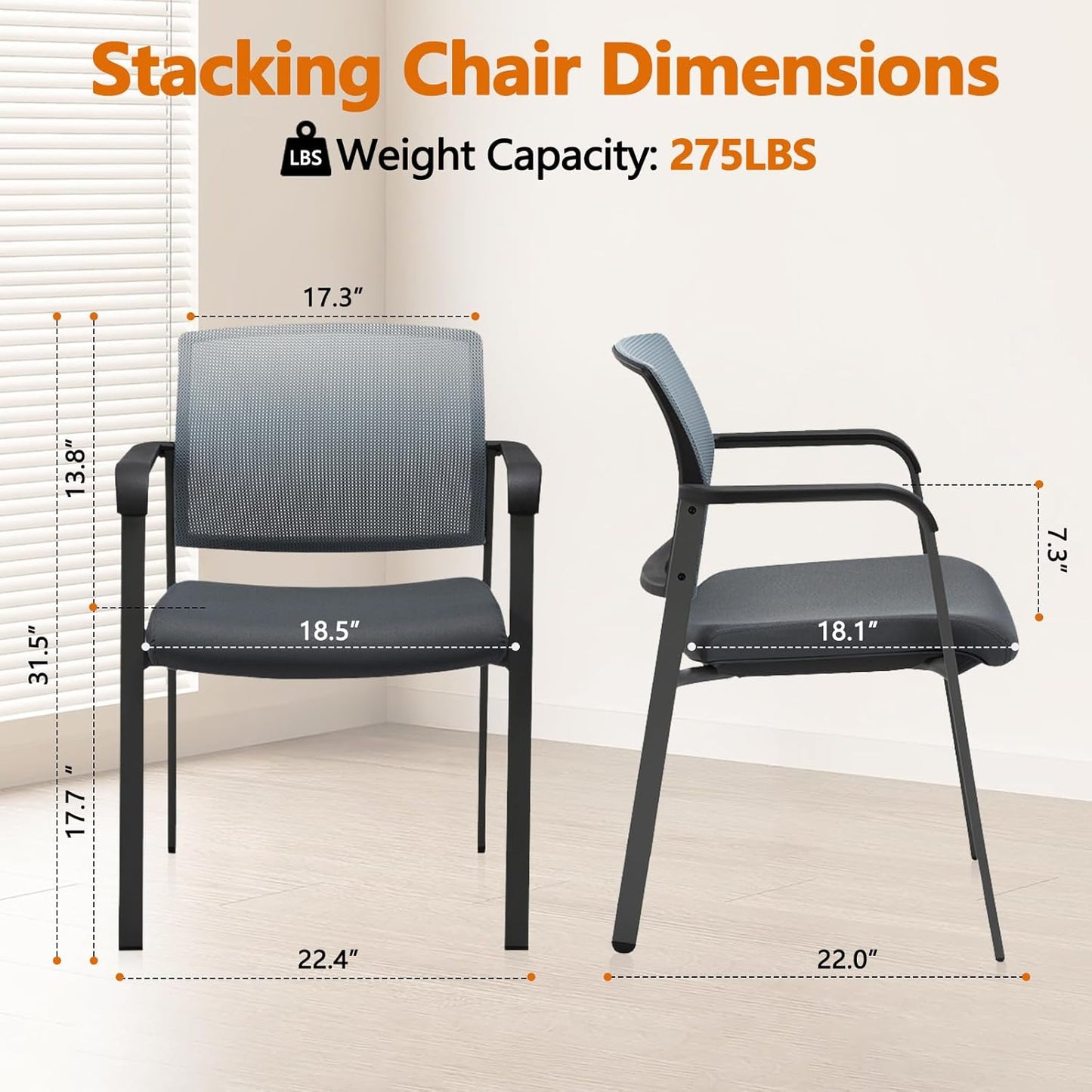 CLATINA Mesh Back Stacking Arm Chairs with Upholstered Fabric Seat and Ergonomic Lumbar Support for Office School Church Guest Reception Grey 2 Pack Set