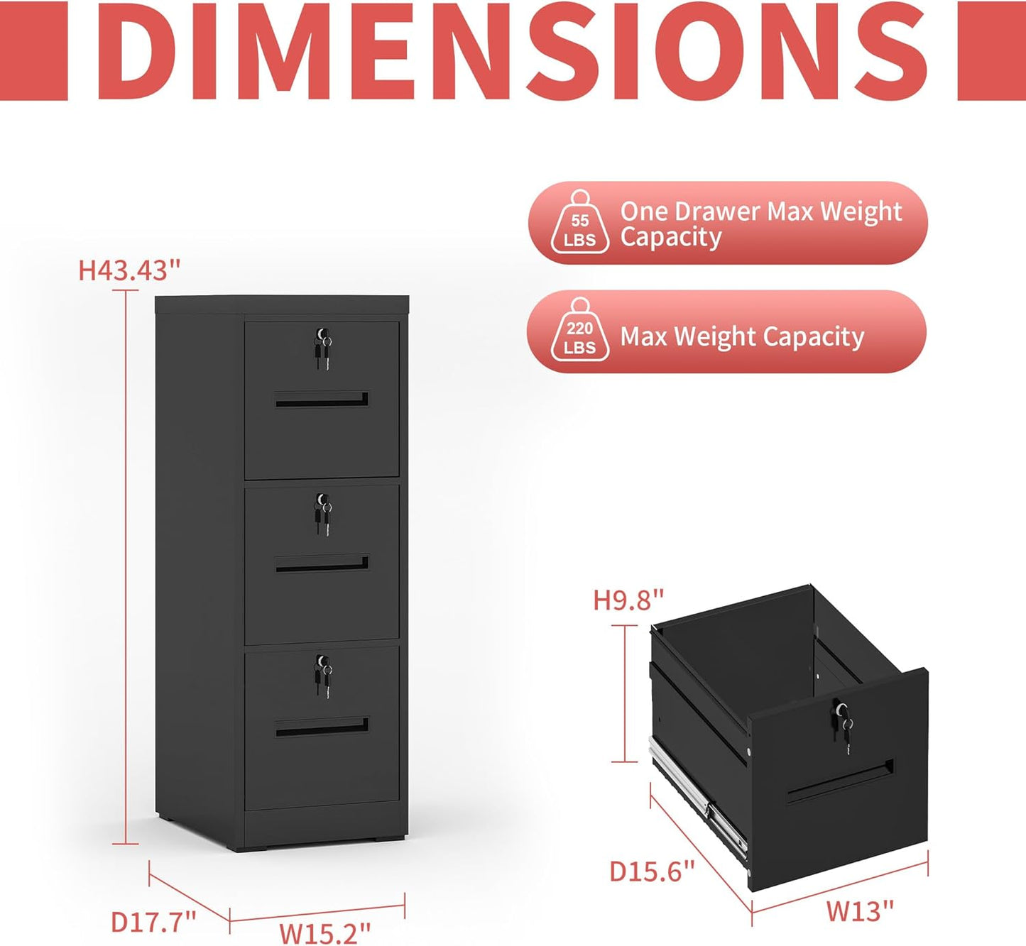3 Drawer Metal File Cabinet with 3 Unique Locks Heavy Duty Locking File Cabinets Home Office Steel Filing Cabinet Vertical File Cabinets for Legal/Letter Size File,Assembly Required