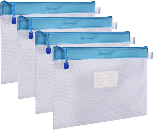 Zipper Pouch, Wisdompro 4 Packs Durable Letter Size Waterproof Mesh File Bag, Document Organizer - Blue