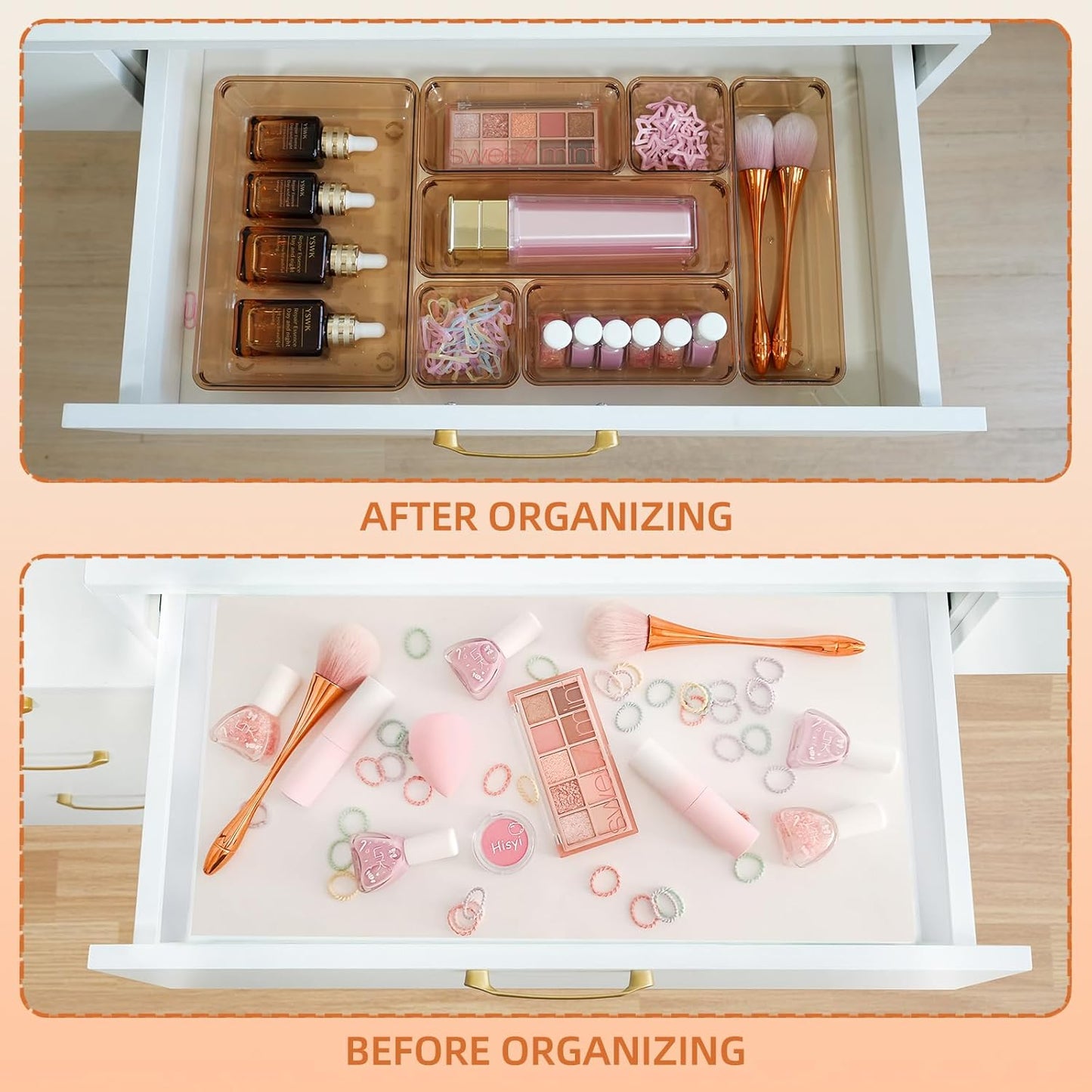 Coffee Acrylic Drawer Organizers Set Storage for Makeup, Office Desk Small Vanity Trays for Drawer Bathroom Plastic Make up Organizers 25 Pcs