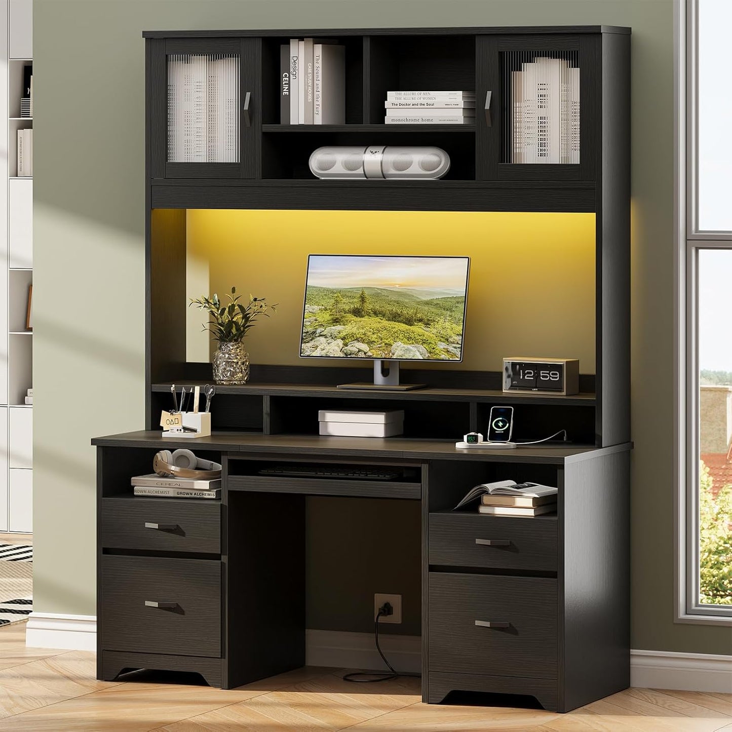 Bestier 77.8" H Executive Desk with Hutch, Modern Wood Computer Desk with Drawers, Charging Station, LED Light, Fluted Storage Cabinet, Keyboard Tray, 59" W Office Desk for Home Office, Black
