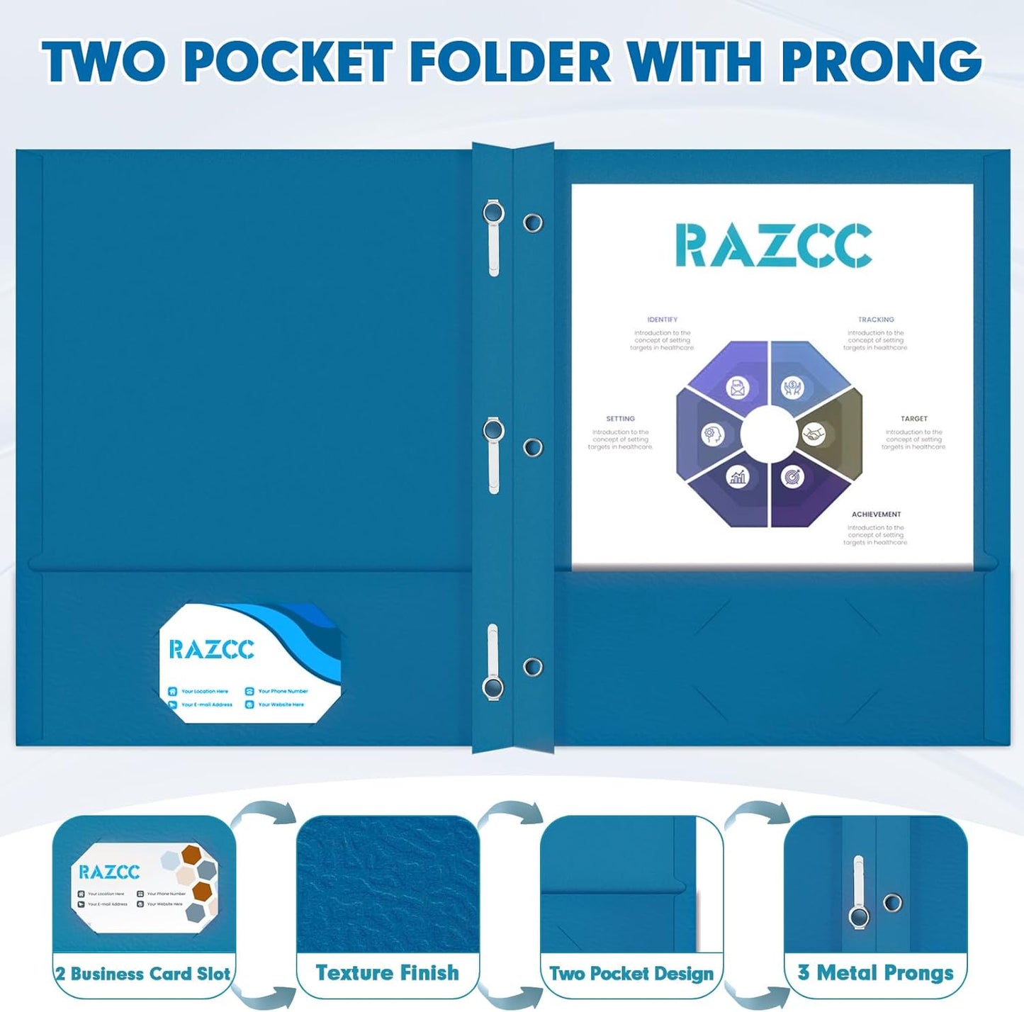 Two Pocket Folders, RAZCC 75 Pack Two Pocket Folders with Prongs, 3 Prong Folders Fit Letter Size Paper, Pocket File Folders for School Office Home Business, Dark Blue