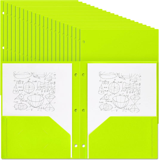 Yeaqee 100 Pcs Plastic Folders with Pockets Bulk 3 Hole Punched 2 Pocket File Folders for 3 Ring Binder Divider Folder for Notebooks, Durable Poly for Office Home (Fluorescent Green)