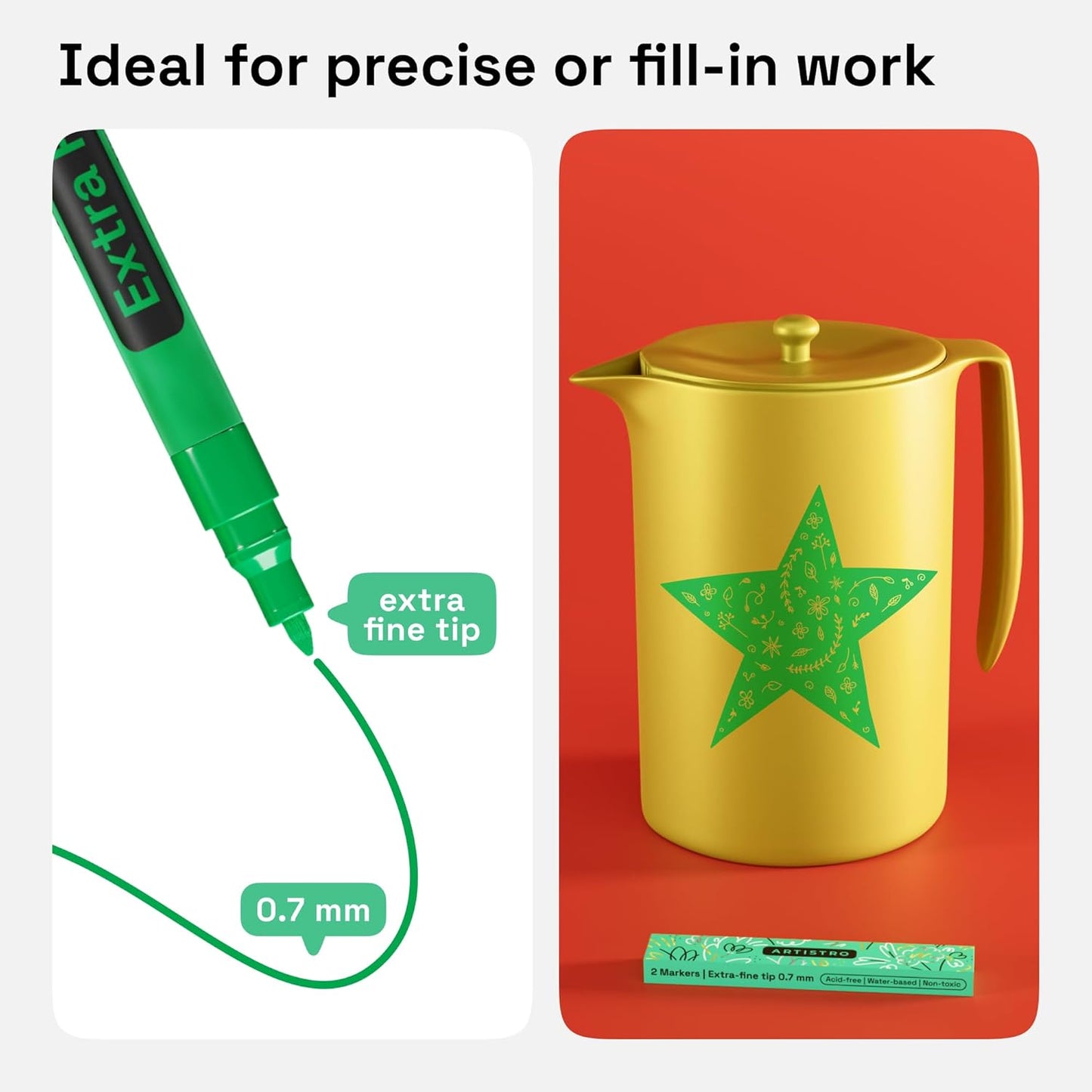 ARTISTRO 2 Green Acrylic Paint Markers - 0.7mm Extra Fine-Tip Paint Pens - Perfect for Crafting, Art Projects, & More