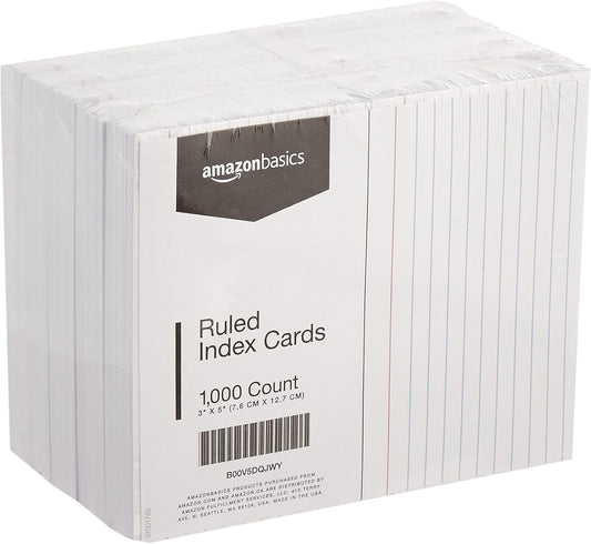 Amazon Basics Ruled Lined Index Cards, 1000 count, 10 Pack of 100, White, 3 in x 5 in