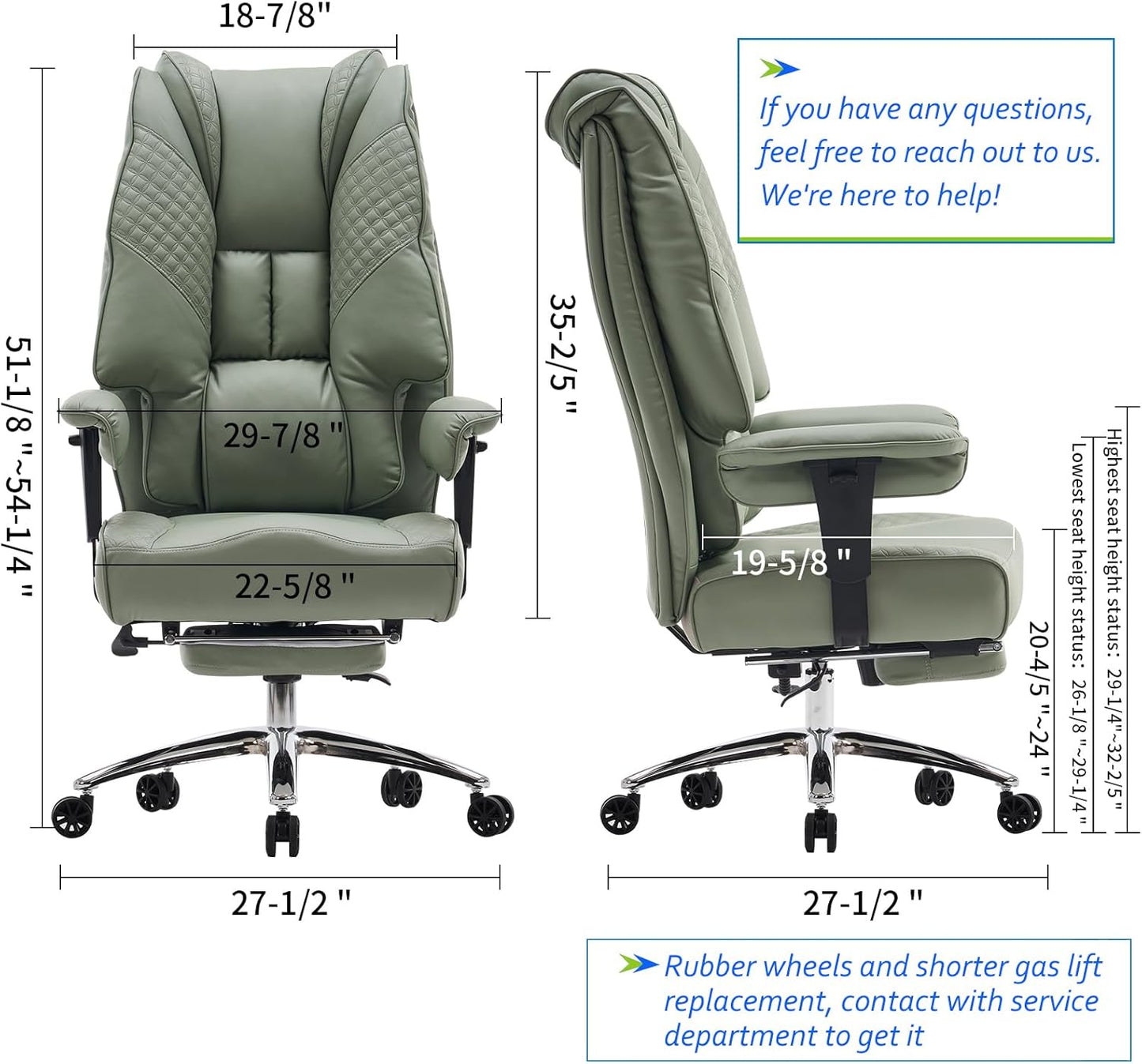 Big and Tall Office Chair 400lbs Wide Seat, Leather High Back Executive Office Chair with Foot Rest, Ergonomic Chairs Lumbar Support for Lower Back Pain Relief (Light Green)