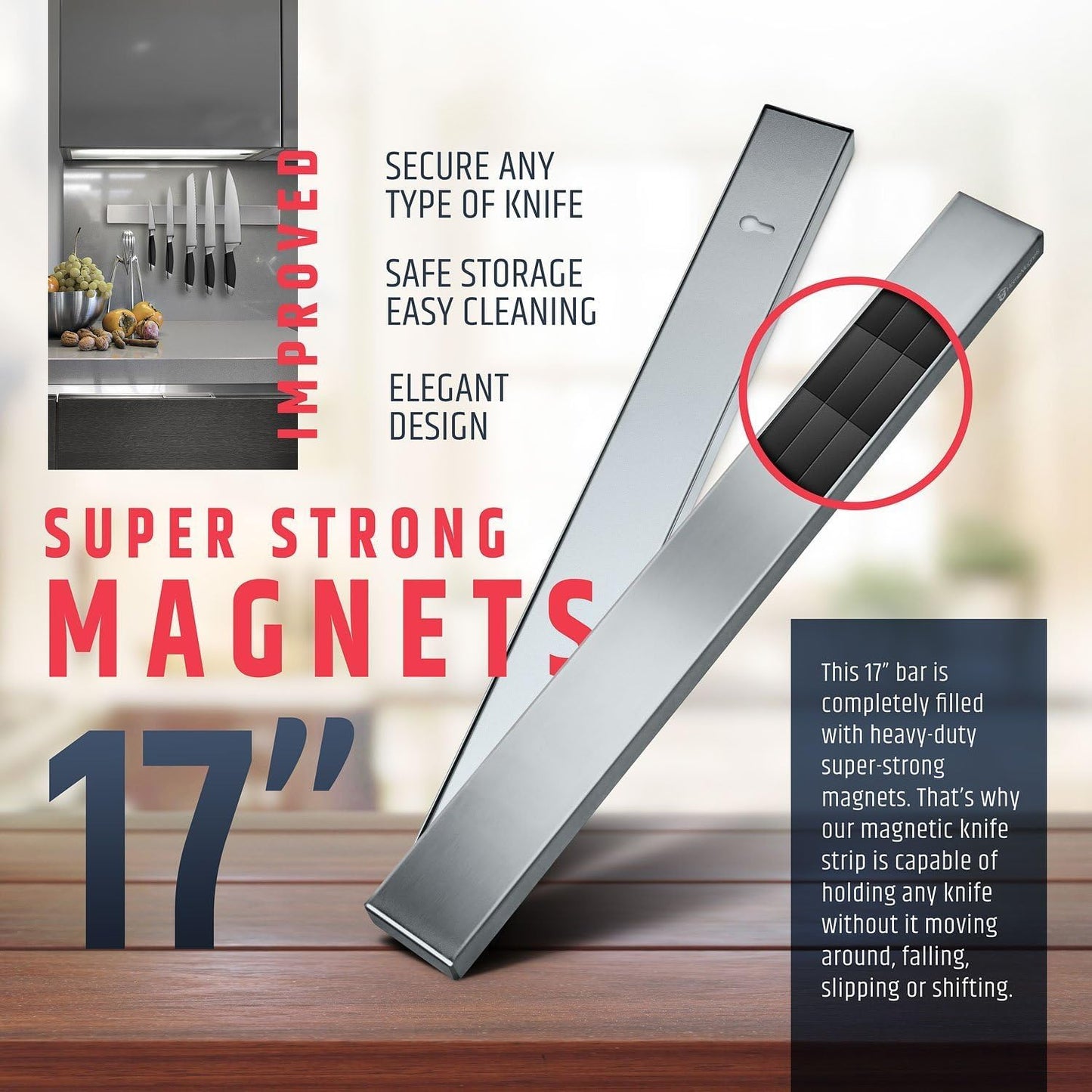 HMmagnets Premium 17 Inch Stainless Steel Magnetic Knife Holder For Wall - Professional Magnetic Knife Strip - Space-Saving Knife Rack/Knife Bar With Powerful Magnetic Pull Force (Upgraded Version)