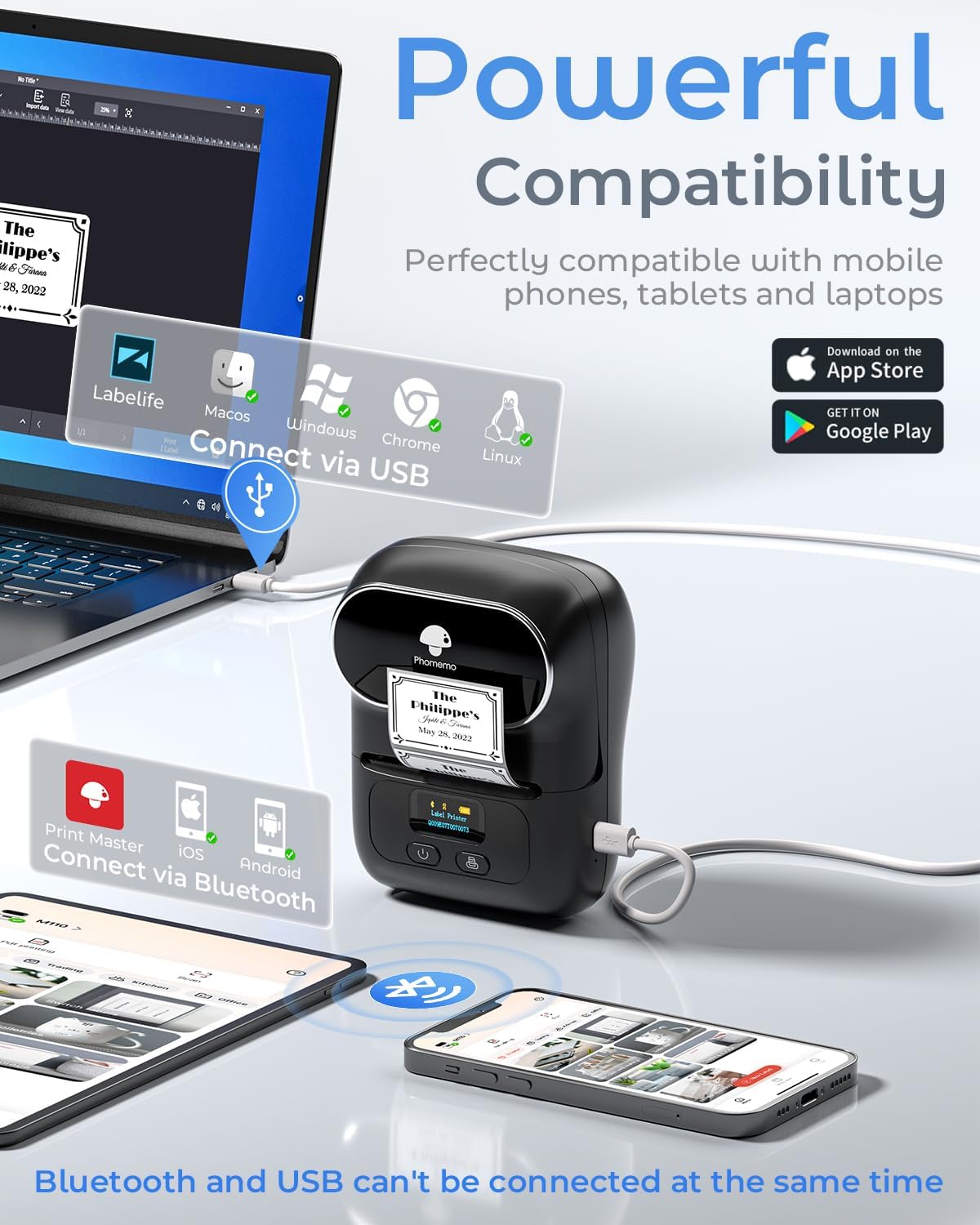 Phomemo M110 Label Makers - Barcode Label Printer Bluetooth Label Maker Portable Thermal Printer for Small Business, Address, Barcode, Logo, Clothing, Mailing, Sticker Printers for Phones & PC, Black