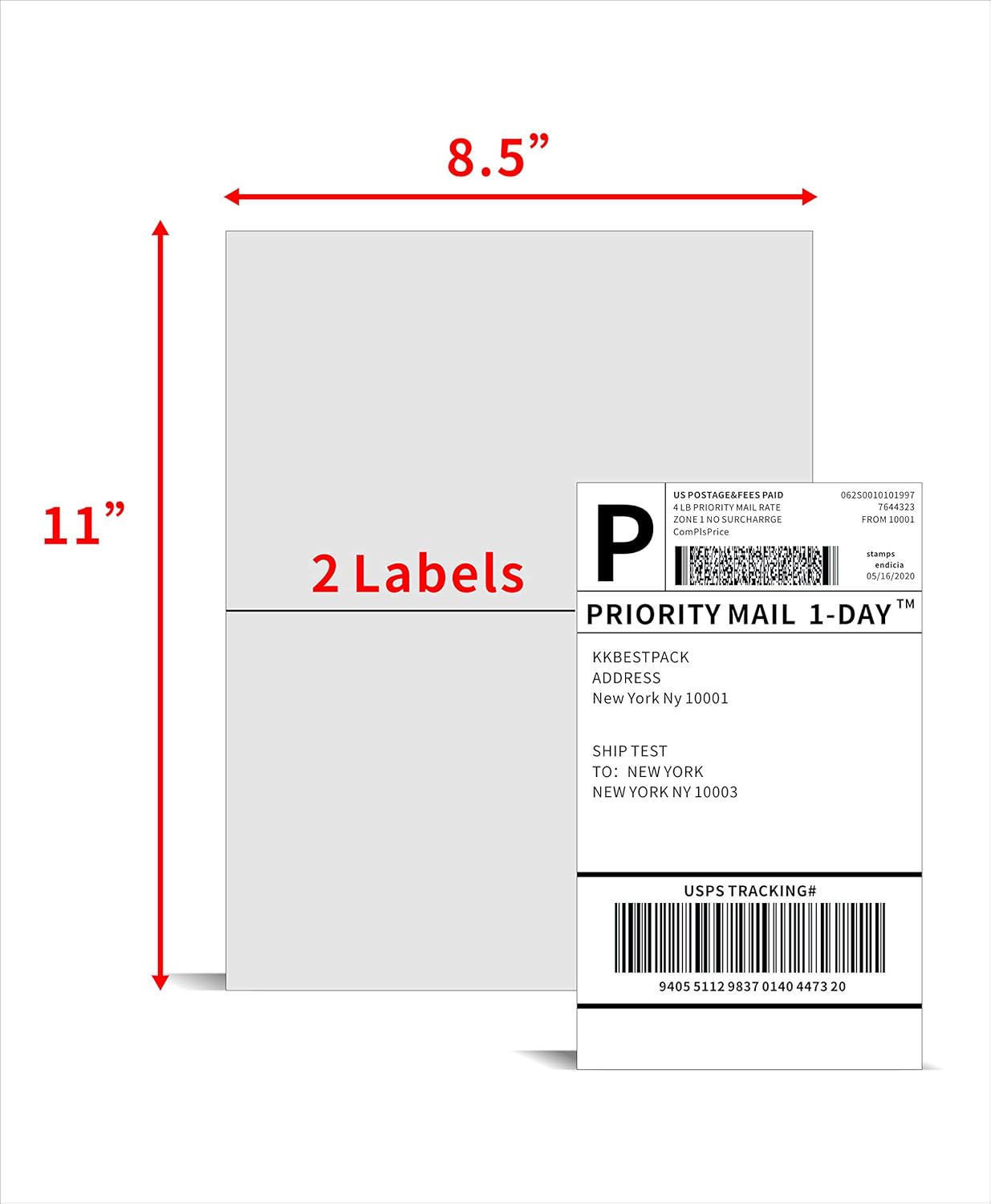 KKBESTPACK Half Sheet Shipping Labels for Laser and Inkjet Printers – 2 Per Page Self Adhesive Mailing Labels for Packages – White 8.5 x 5.5 Postage Labels for Shipping Boxes (2000 Labels) (KK2LP)