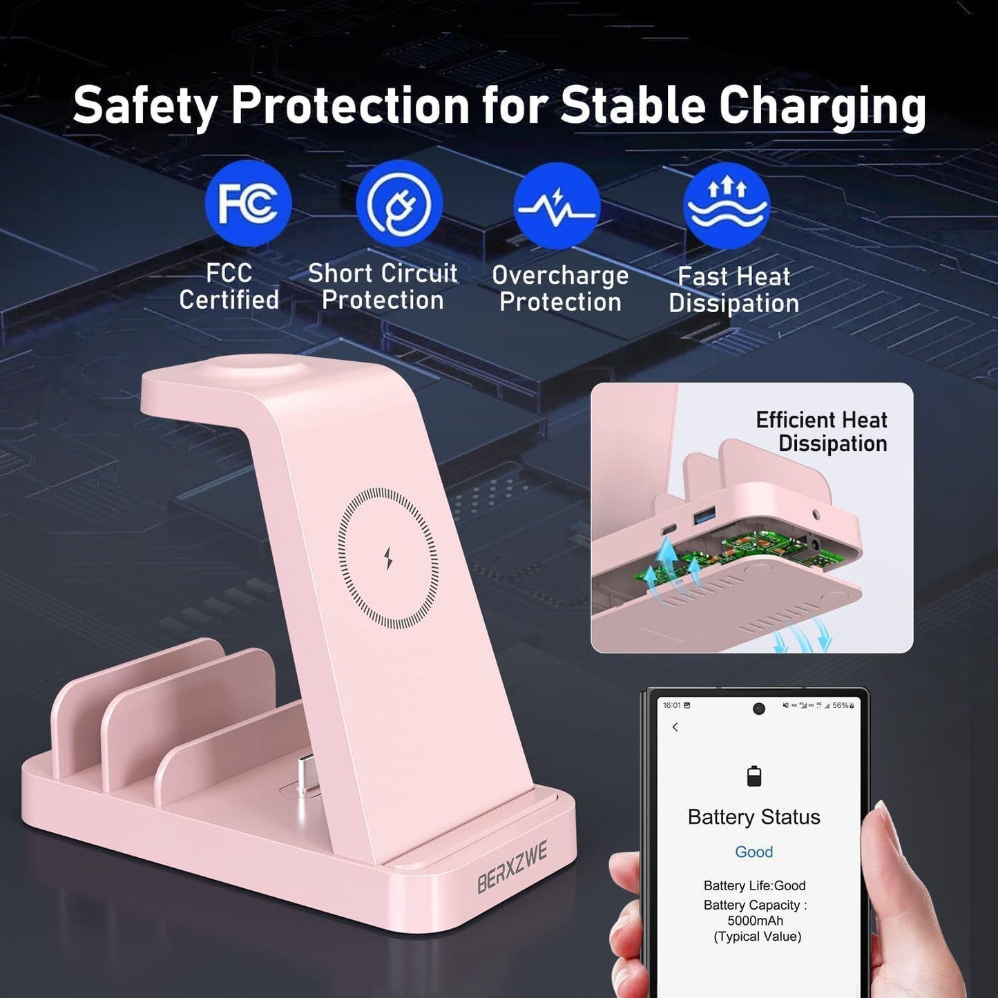 Wireless Charger for Samsung, 5 in 1 Wireless Charging Station for Samsung, Charger Dock Stand for Galaxy Watch Ultra 7 6 5 4 3, Galaxy S25 S24 Ultra S23 S22 S21, Note 20 10 Z Fold Buds, Pink