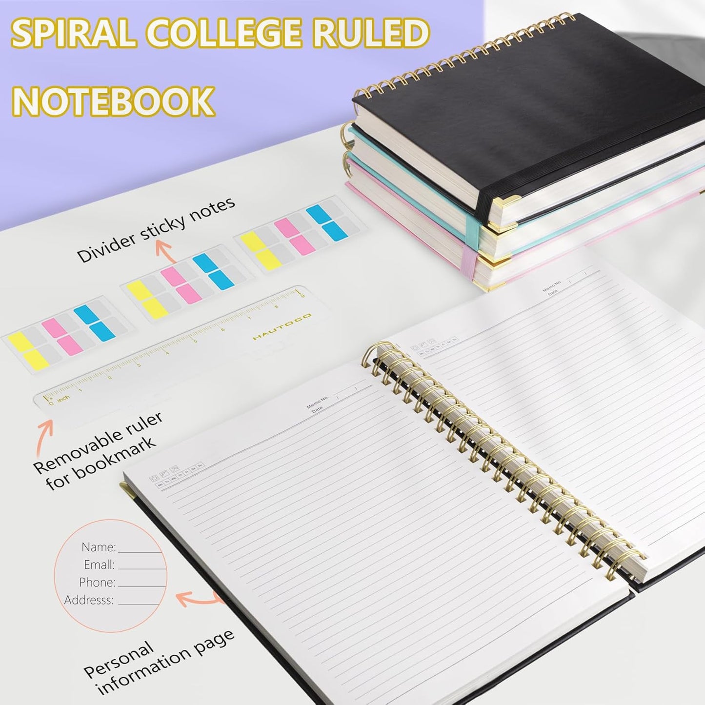HAUTOCO Spiral Notebook Journal 8.5"x 11", College Ruled Leather Notebook with 320 Pages, 100 GSM Paper, A4 Hardcover Notebook, Lined Journaling Notebooks for Work, Office, School, Business, Black